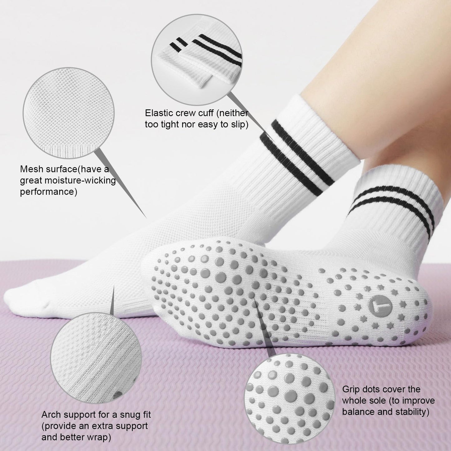 Toes Home Pilates Socks for Women with Non Slip Grippers, Yoga Crew Socks for Barre Hospital Sticky Slipper Socks 4 Pairs