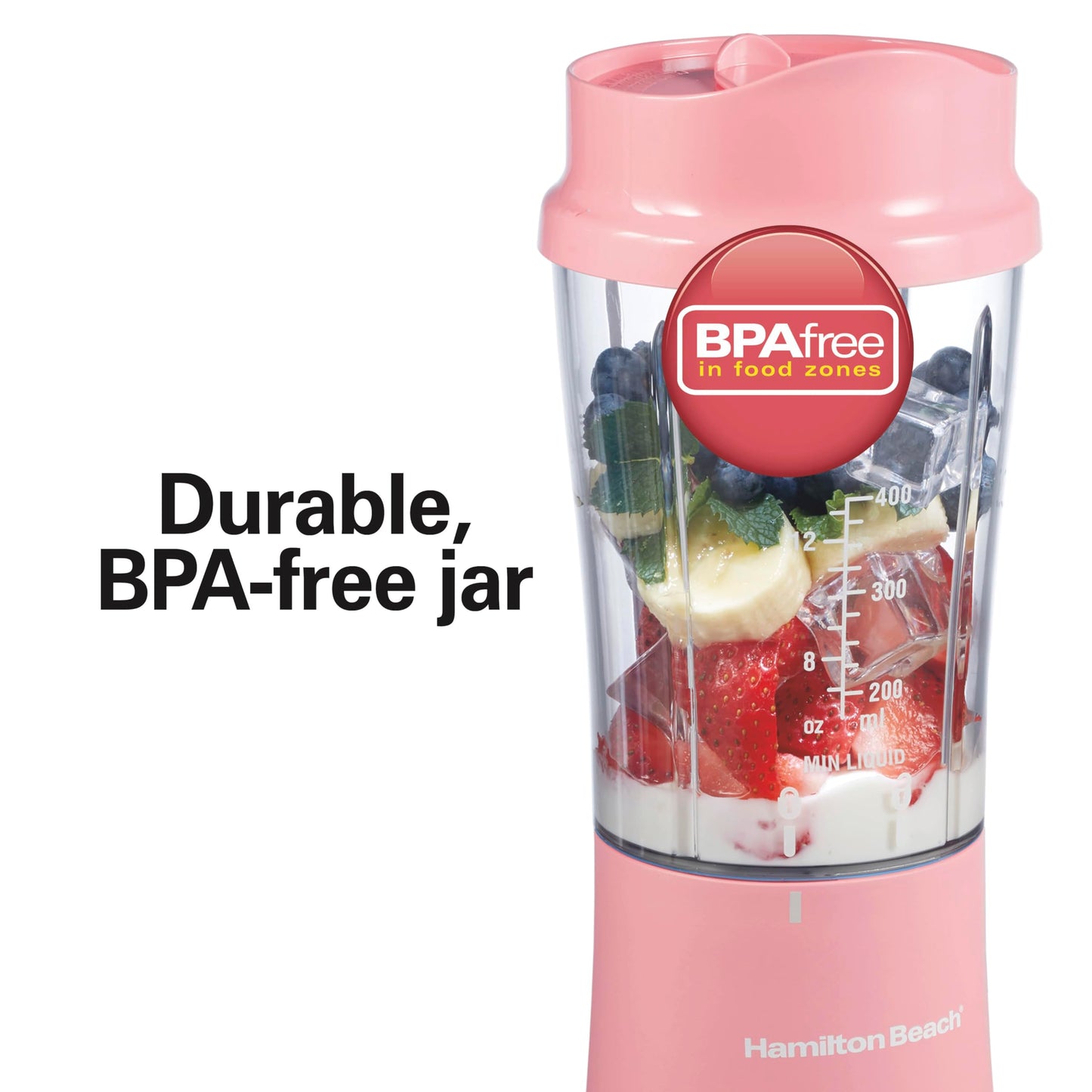 Hamilton Beach Portable Blender for Shakes and Smoothies with 14 Oz BPA Free Travel Cup and Lid, Durable Stainless Steel Blades for Powerful Blending Performance, Coral (51171)