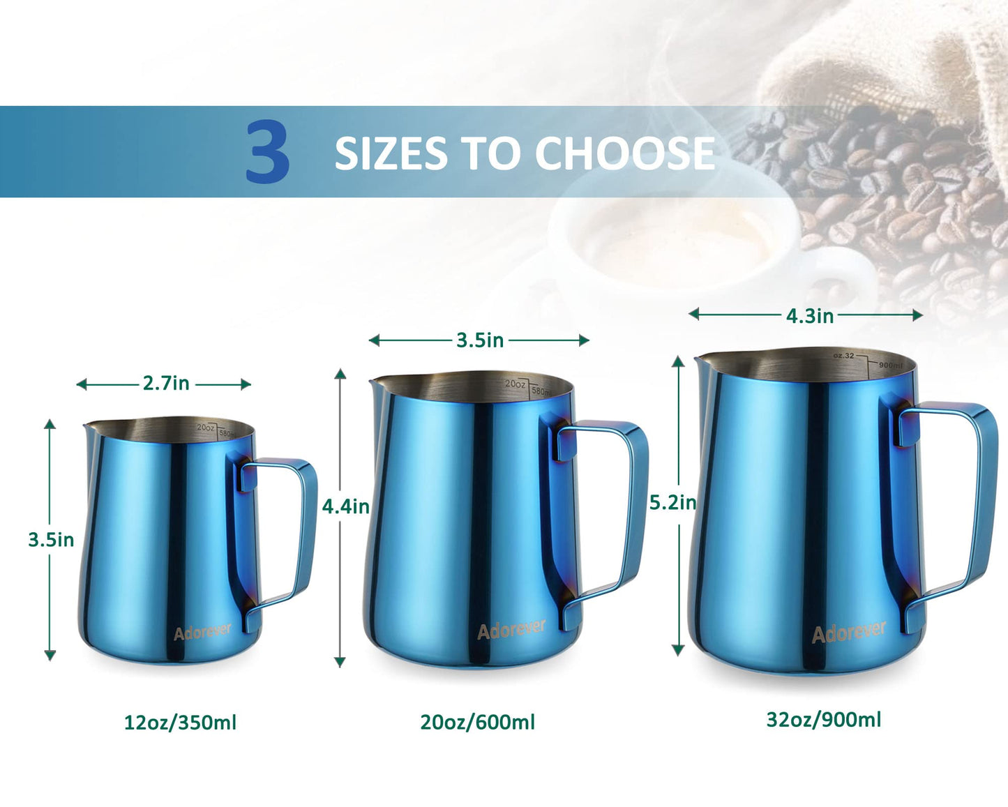 Milk Frothing Pitcher 350ml/600ml/900ml/1500ml (12oz/20oz/32oz/50oz) Steaming Pitchers Stainless Steel Milk/Coffee/Cappuccino/Latte Art Barista Steam Pitchers Milk Jug Cup with Art Pen,12oz