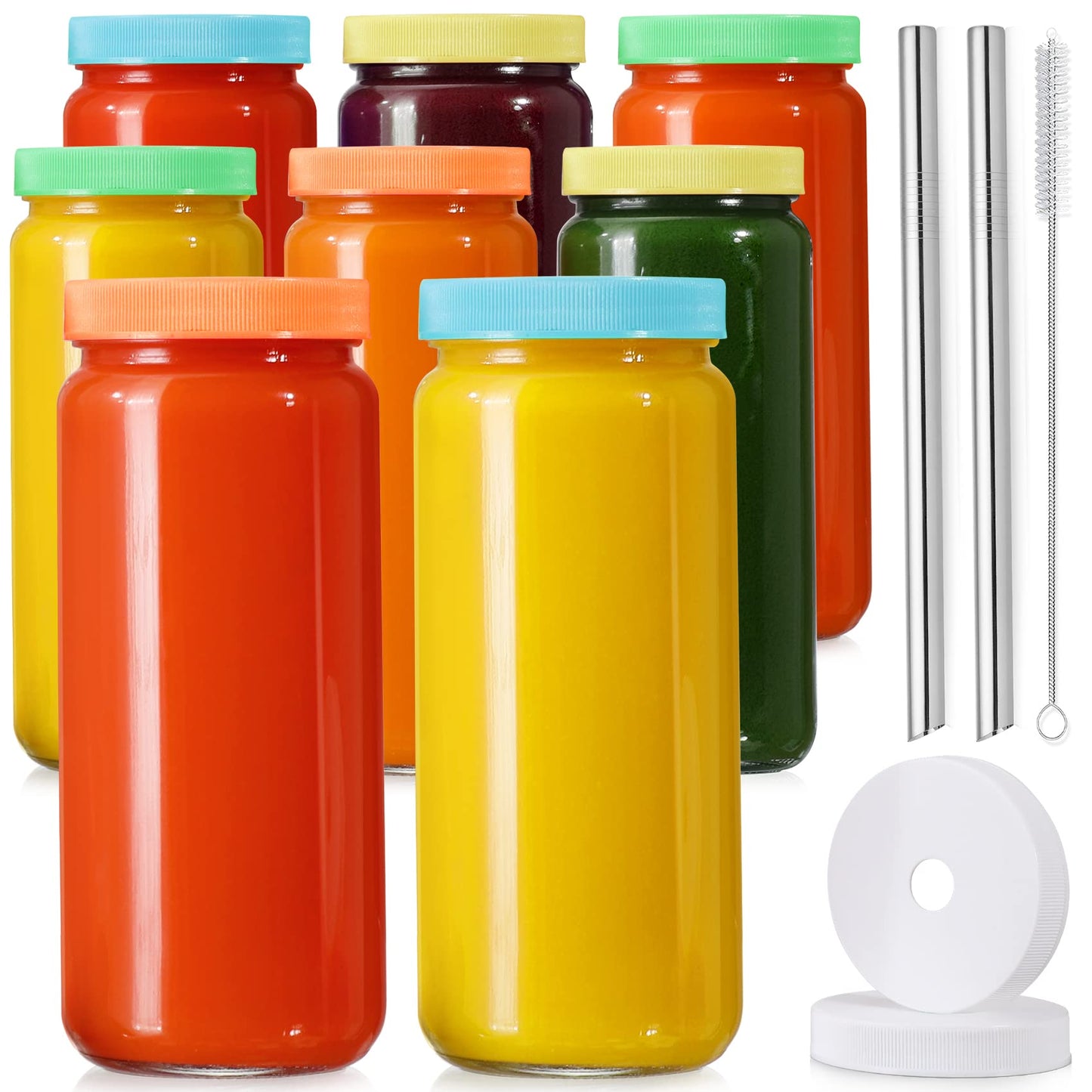 [ 8 Pack ] Glass Juicing Bottles with 2 Straws & 2 Lids w Hole- 16 OZ Travel Drinking Jars, Water Cups with Black Airtight Lids, Reusable Tall Mason Jar for Juice, Bubble Tea, Smoothie, Tea, Kombucha