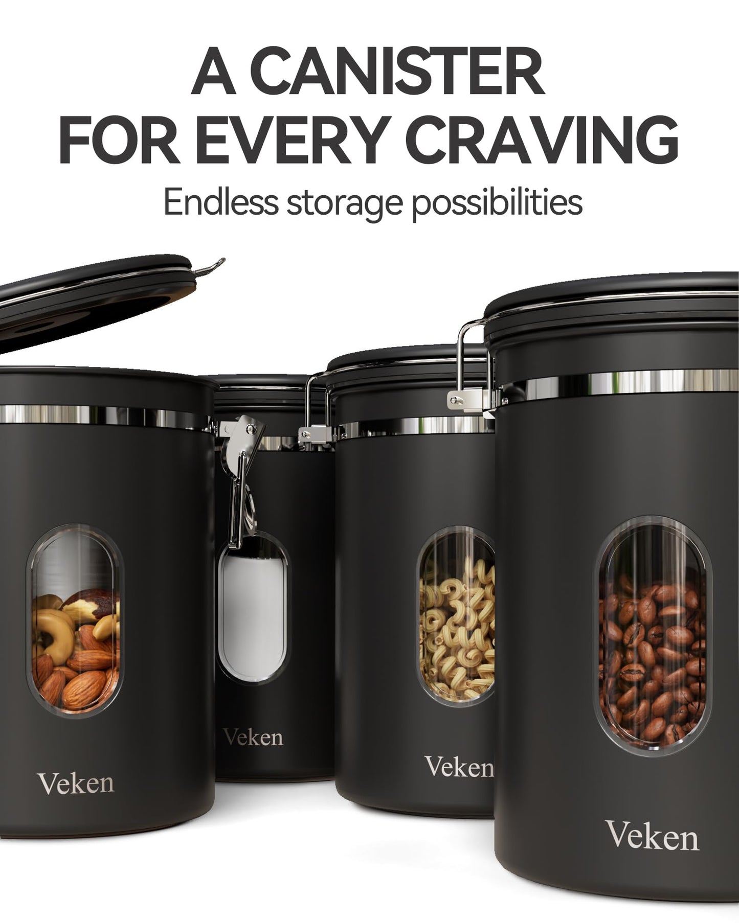 Veken Coffee Canister with Window, Airtight Stainless Steel Kitchen Food Storage Container, Date Tracker and Scoop for Grounds Coffee Bar Accessories, Beans, Tea, Flour, Cereal, Sugar, 22OZ, Black