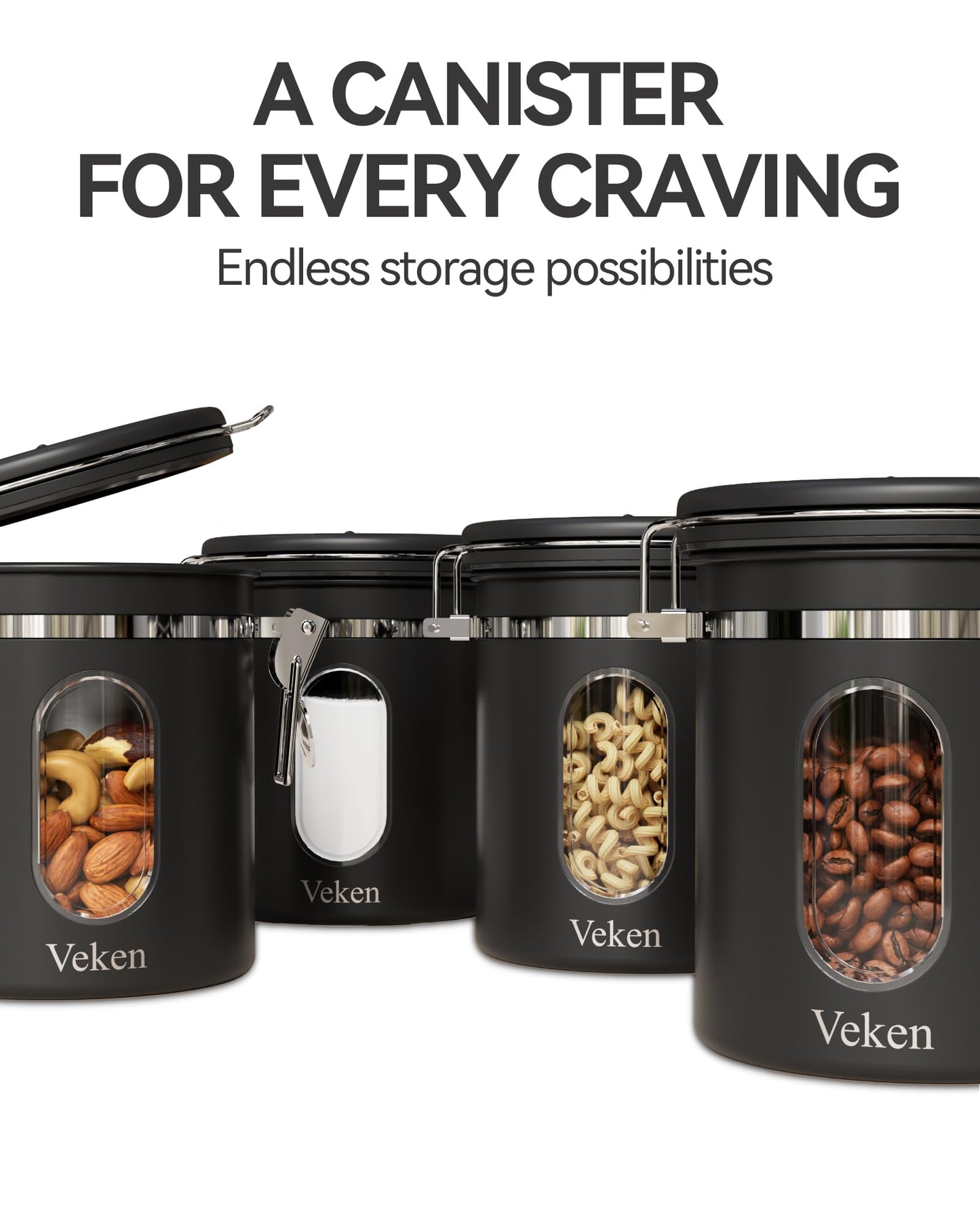 Veken Coffee Canister with Window, Airtight Stainless Steel Kitchen Food Storage Container, Date Tracker and Scoop for Grounds Coffee Bar Accessories, Beans, Tea, Flour, Cereal, Sugar, 22OZ, Black