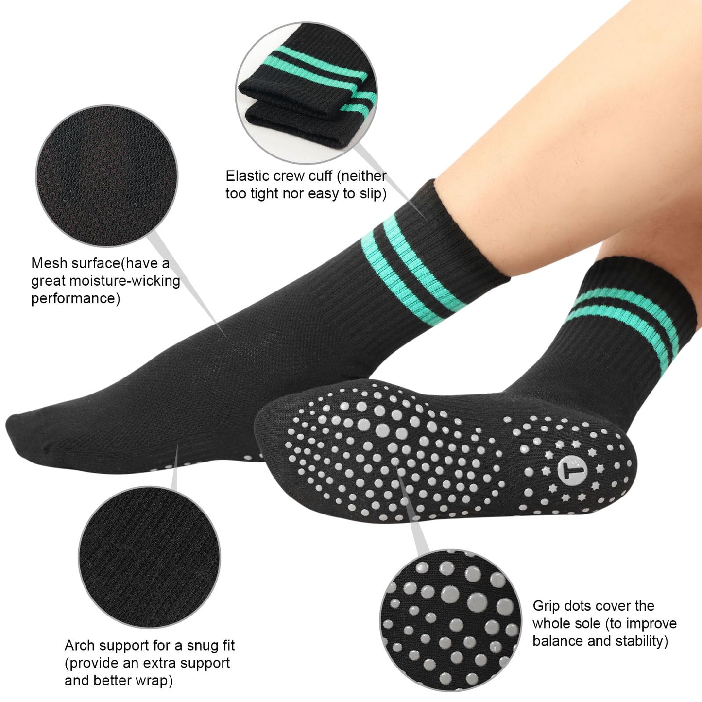 Toes Home Pilates Socks for Women with Non Slip Grippers, Yoga Crew Socks for Barre Hospital Sticky Slipper Socks 4 Pairs