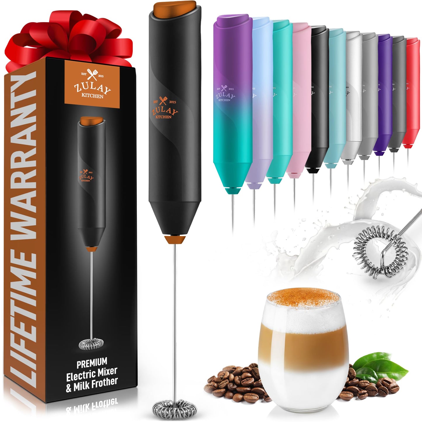 Zulay Kitchen Powerful Milk Frother Wand - Mini Milk Frother Handheld Stainless Steel - Battery Operated Drink Mixer for Coffee, Lattes, Cappuccino, Matcha - Froth Mate Milk Frother Gift - Black