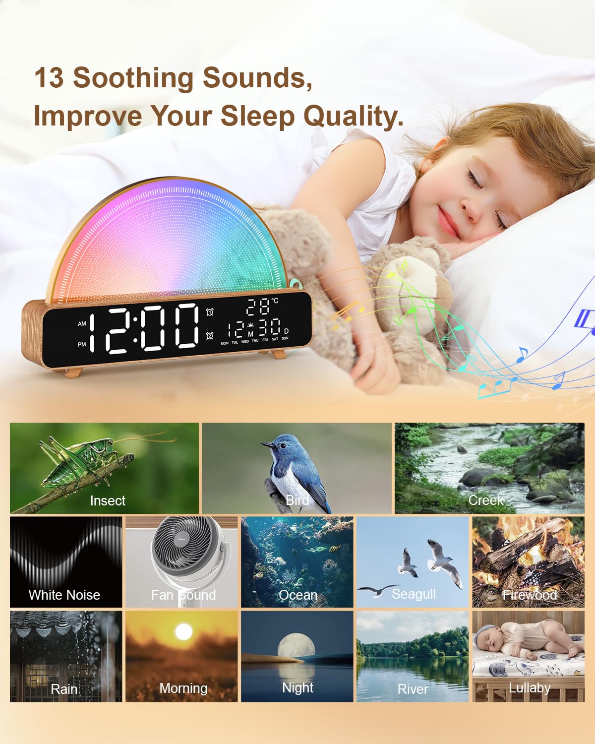 Sunrise Alarm Clock Wake Up Light with Sunrise Simulation White Noise Machine Touch Control Bedside Lamps Colors Atmosphere Lamp 30/60/90 Sleep Timer 13 Nature Sounds