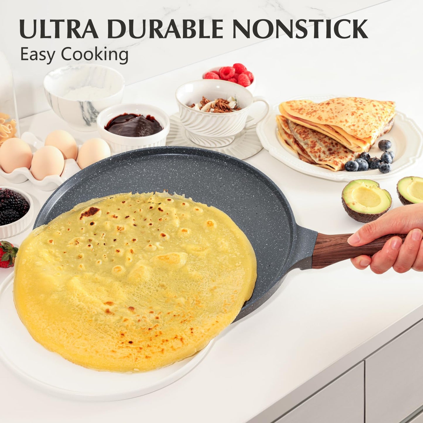 SENSARTE Nonstick Crepe Pan with Spreader, 10-Inch Natural Ceramic Coating Dosa Pan Pancake Flat Skillet Tawa Griddle with Stay-Cool Handle, Induction Compatible, PFOA Free (White)