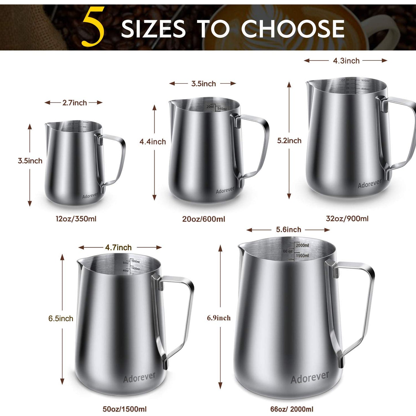 Milk Frothing Pitcher 350ml/600ml/900ml/1500ml (12oz/20oz/32oz/50oz) Steaming Pitchers Stainless Steel Milk/Coffee/Cappuccino/Latte Art Barista Steam Pitchers Milk Jug Cup with Art Pen,12oz