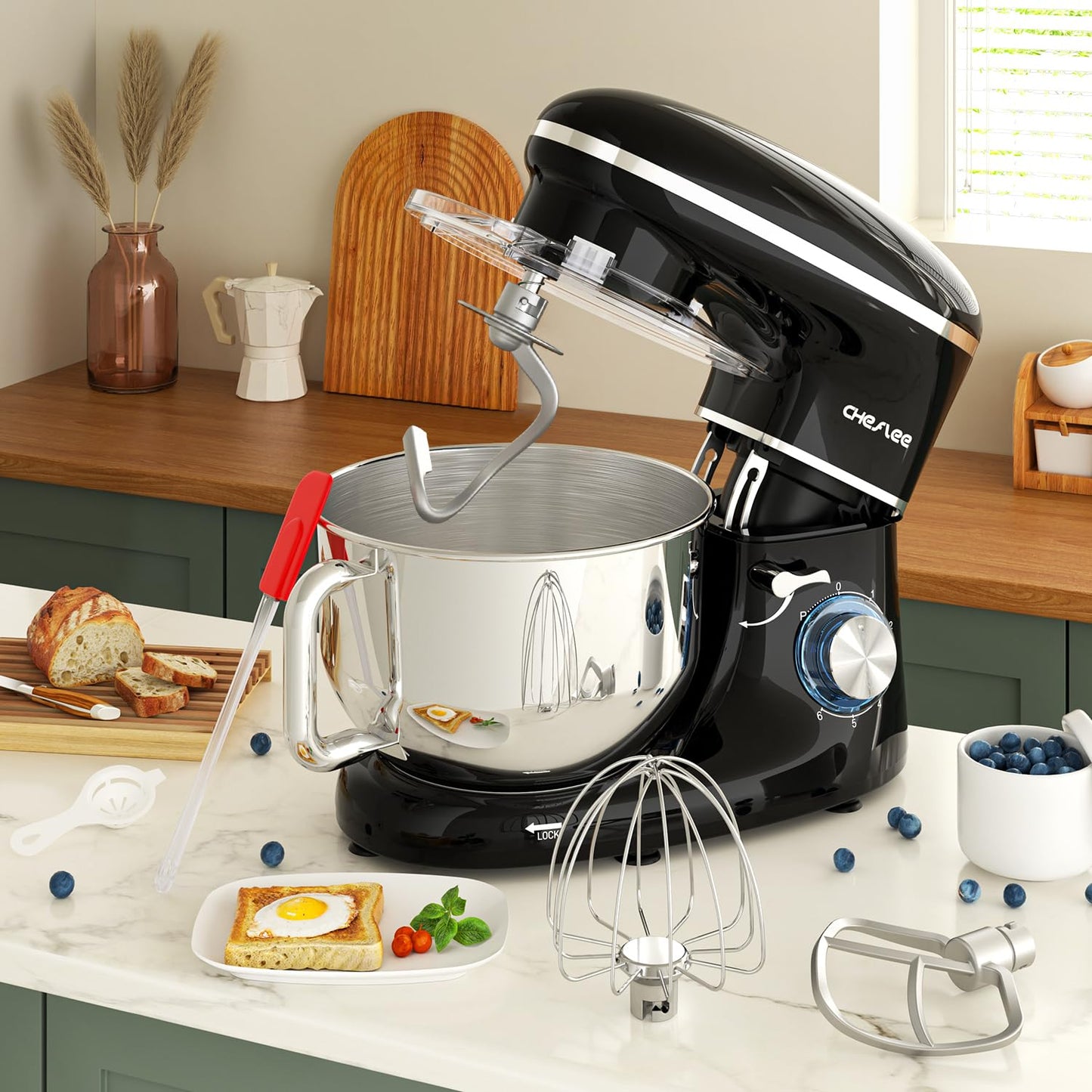 CHeflee Stand Mixer,600W 6+P With 6.5QT Stainless Steel Bowl,Dough Hook, Wire Whip & Beater,for Most Home Cooks,Blue