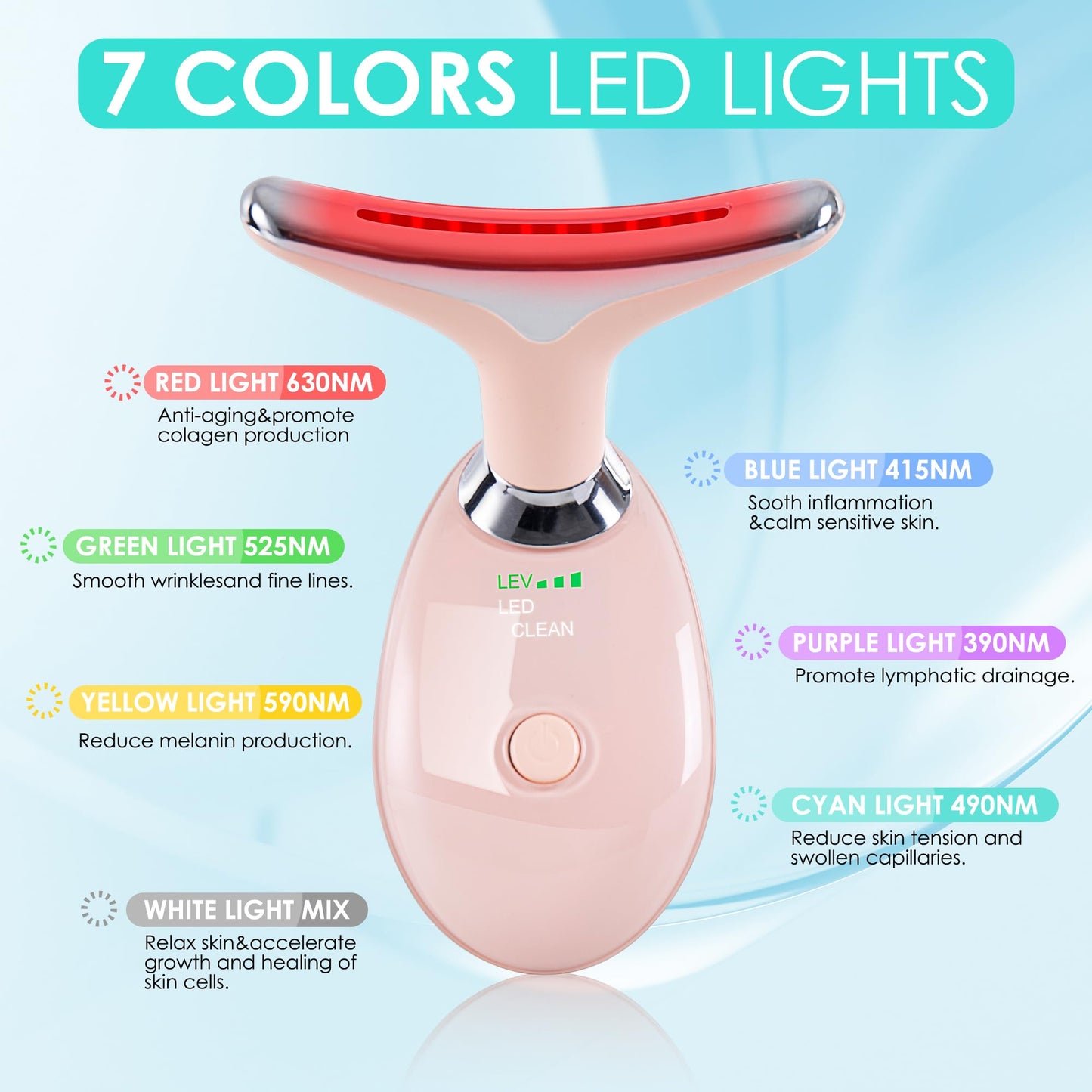 Facial Massager for Face and Neck, Red-Light-Therapy-for-Face and Neck, Face culpting Wand with 7 Color, at-Home Face Tool for Skin Care (Pink)