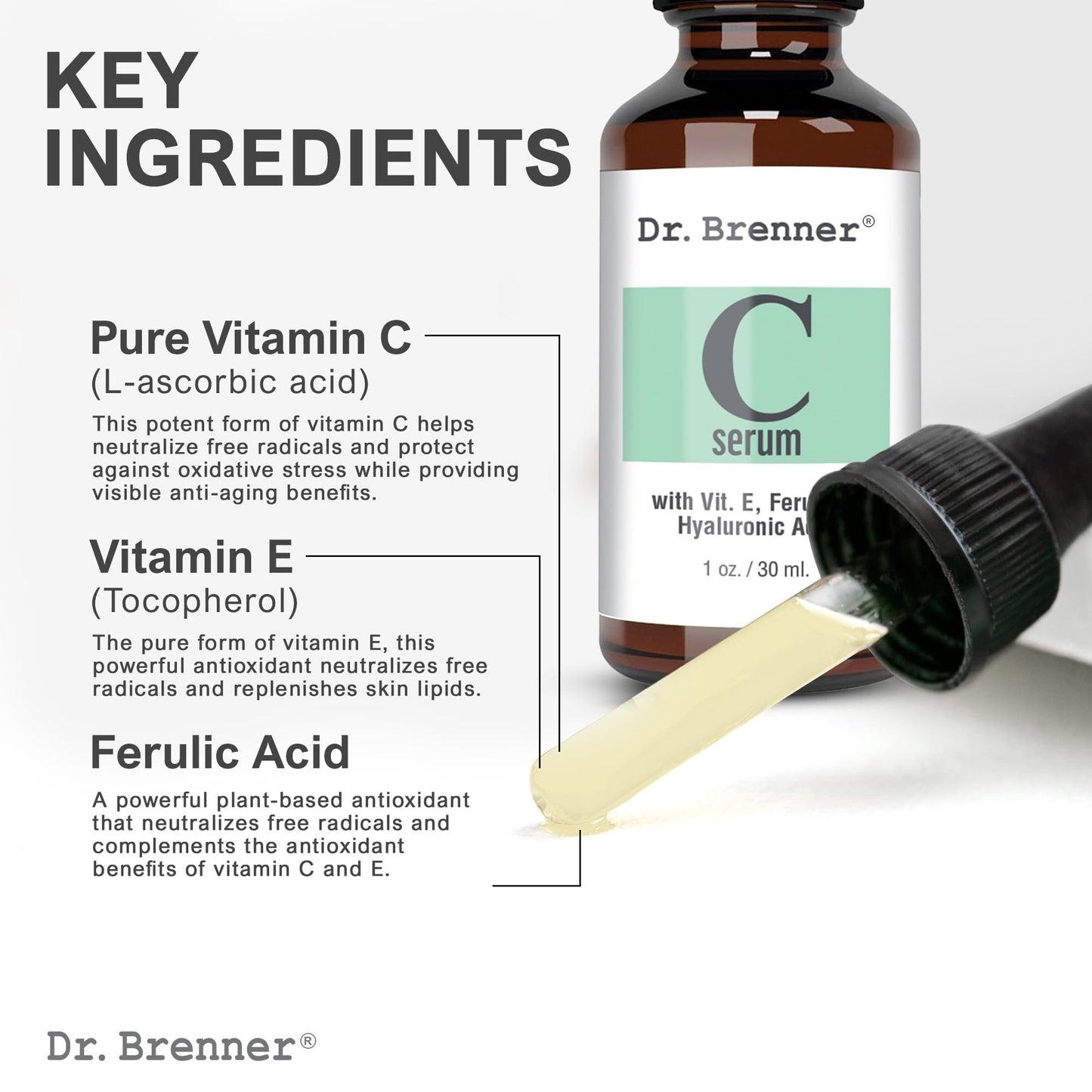 Vitamin C Serum 20% Pure L-Ascorbic Acid, Ferulic Acid, Vitamin E and Hyaluronic Acid for Face and Eyes Natural Anti Aging Anti Wrinkle 1oz. by Dr. Brenner