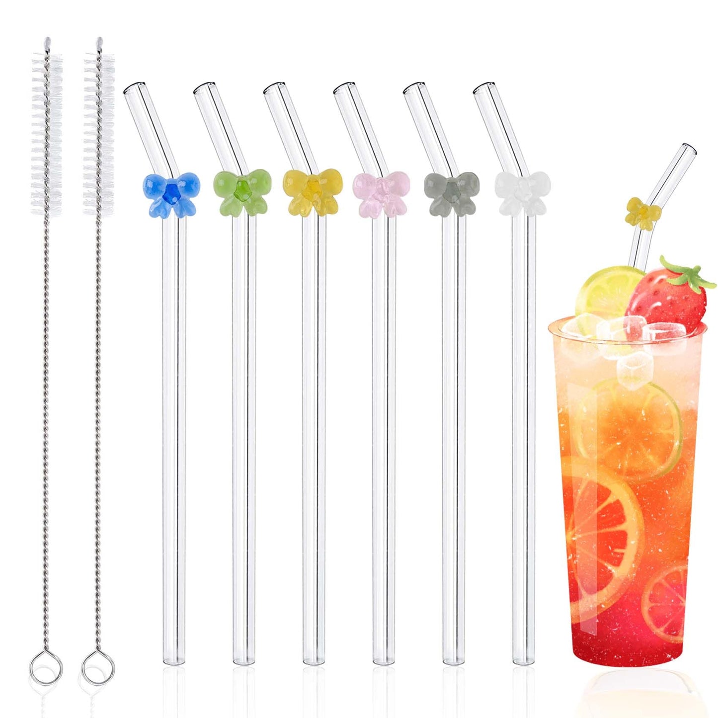 6 Pcs Reusable Glass Straws with Charms, Cute Glass Straws Shatter Resistant, Colorful Bow Glass Straw with 2 Cleaning Brushes for Cocktails Smoothies Milkshakes Juices Teas Bar Accessories