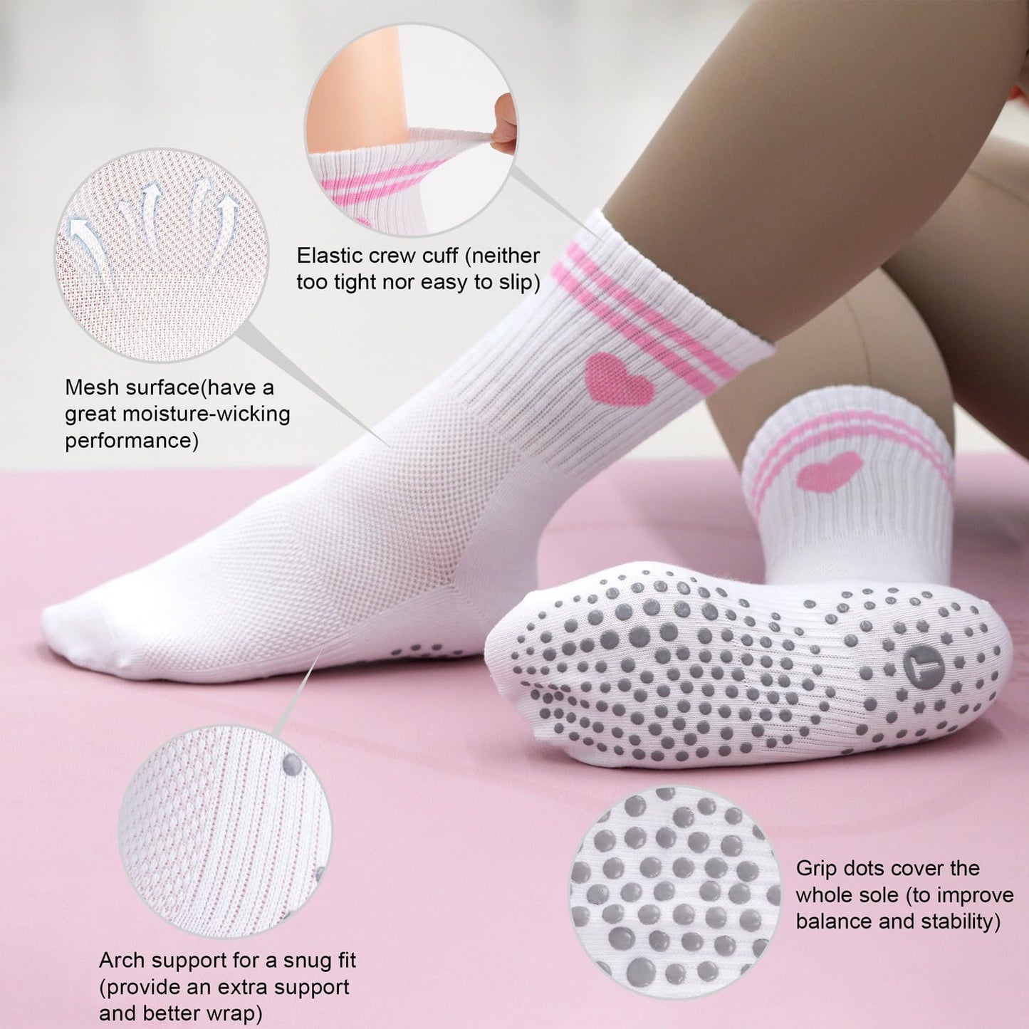 Toes Home Pilates Socks for Women with Non Slip Grippers, Yoga Crew Socks for Barre Hospital Sticky Slipper Socks 4 Pairs