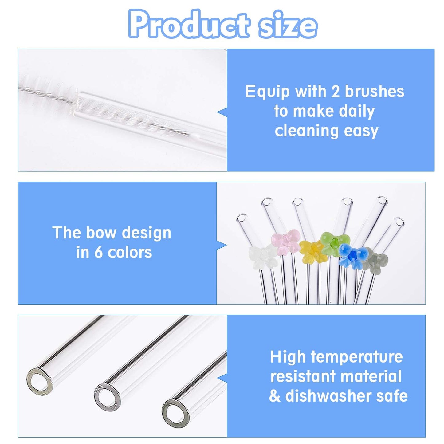 6 Pcs Reusable Glass Straws with Charms, Cute Glass Straws Shatter Resistant, Colorful Bow Glass Straw with 2 Cleaning Brushes for Cocktails Smoothies Milkshakes Juices Teas Bar Accessories