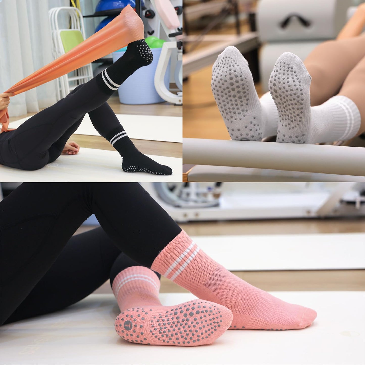 Toes Home Pilates Socks for Women with Non Slip Grippers, Yoga Crew Socks for Barre Hospital Sticky Slipper Socks 4 Pairs