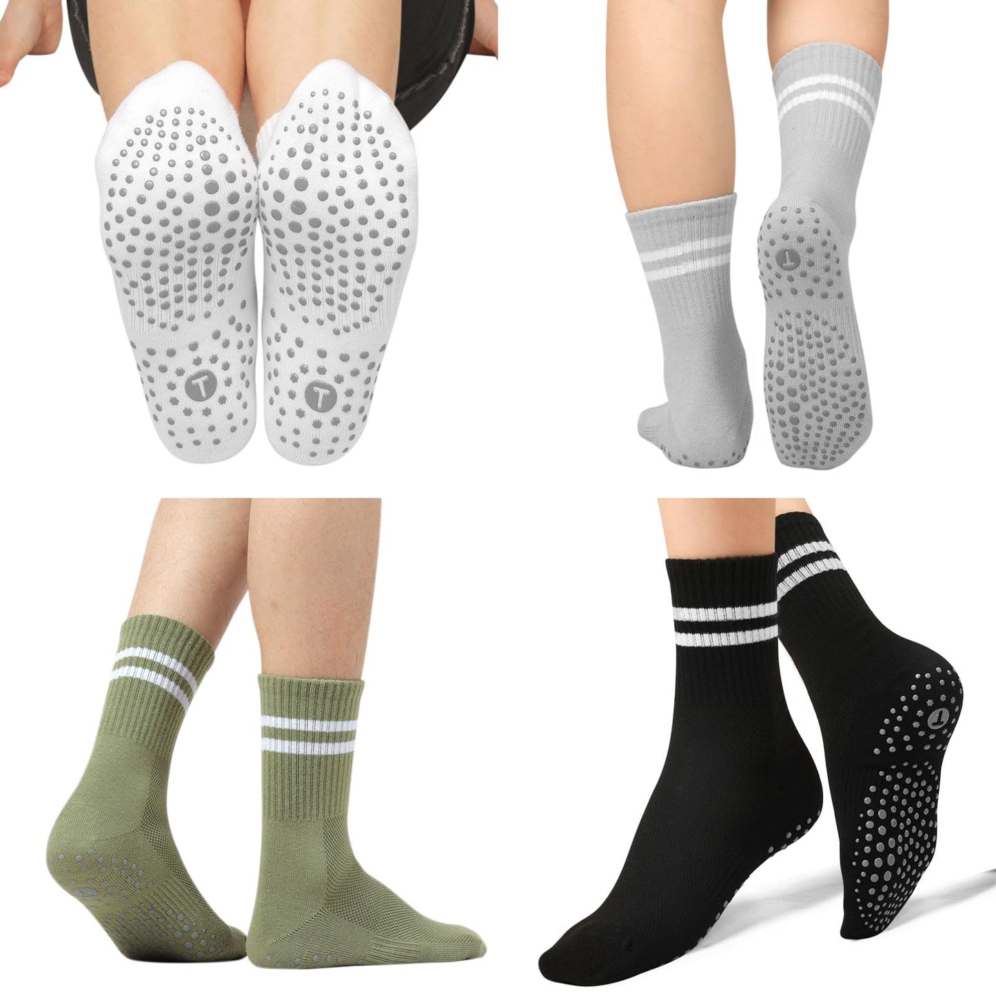 Toes Home Pilates Socks for Women with Non Slip Grippers, Yoga Crew Socks for Barre Hospital Sticky Slipper Socks 4 Pairs