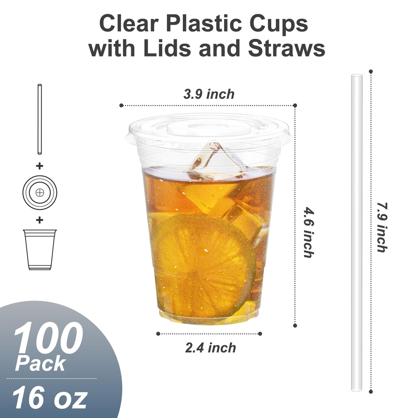 100 Pack - 16 oz Clear Plastic Cups with Lids and Straws, Sturdy & Food Safe Iced Coffee Cups with lids, Iced Coffee Cup, Disposable Cups Plastic Coffee Cups Smoothie Cups for Cold Drinks