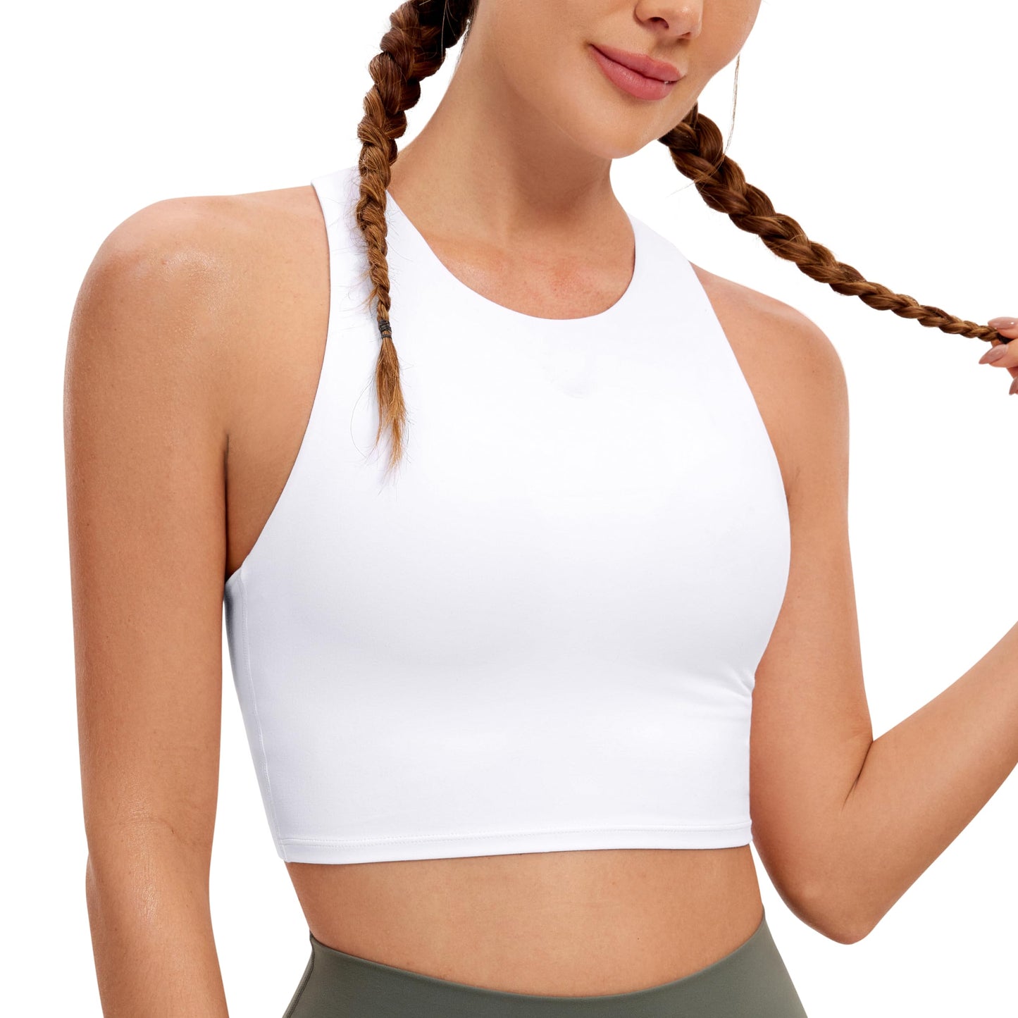 CRZ YOGA Butterluxe Racerback High Neck Longline Sports Bras for Women - Padded Workout Crop Tank Tops with Built in Bra