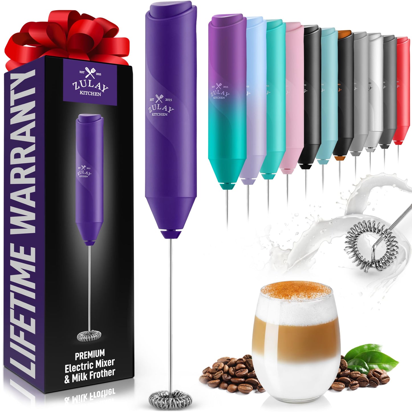 Zulay Kitchen Powerful Milk Frother Wand - Mini Milk Frother Handheld Stainless Steel - Battery Operated Drink Mixer for Coffee, Lattes, Cappuccino, Matcha - Froth Mate Milk Frother Gift - Black