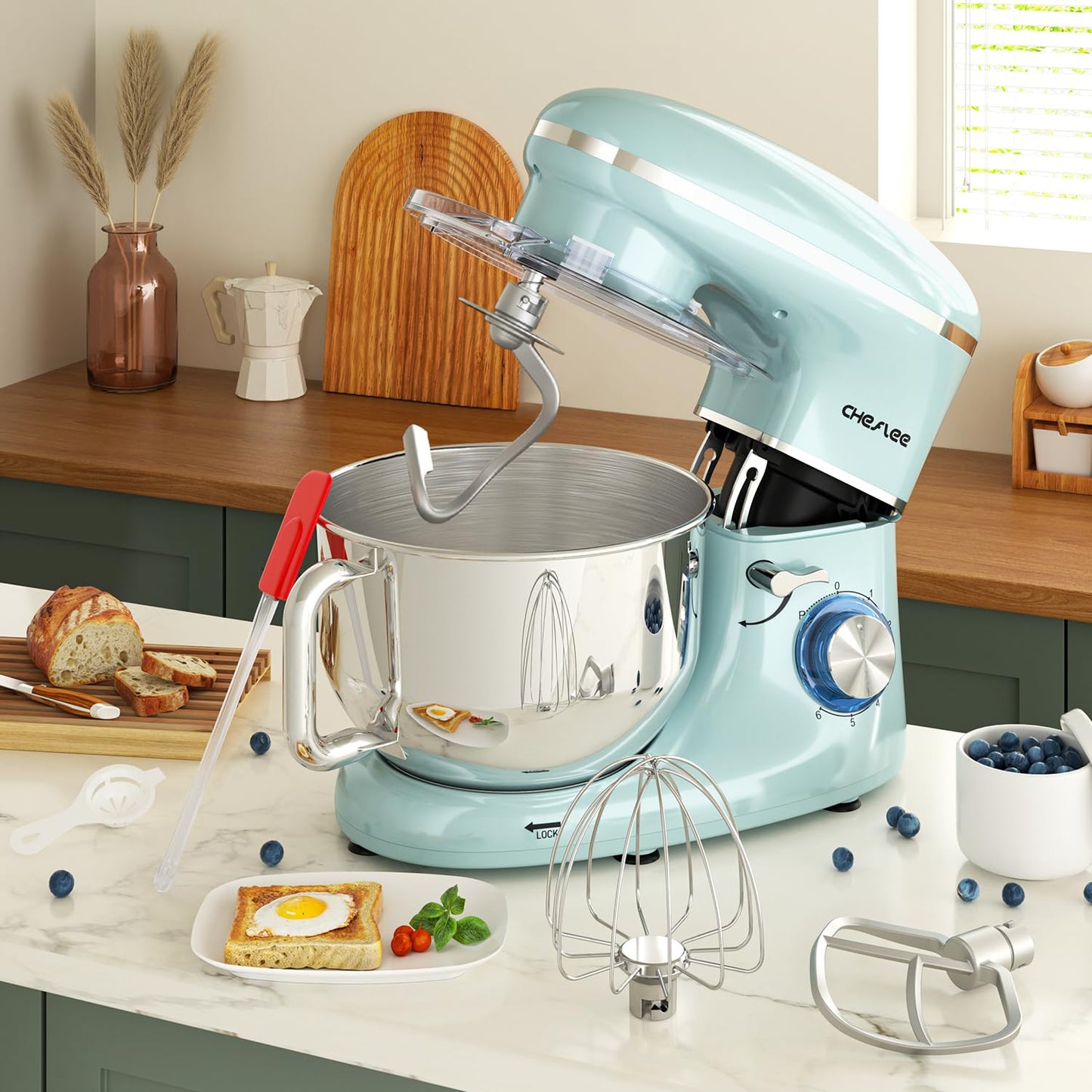 CHeflee Stand Mixer,600W 6+P With 6.5QT Stainless Steel Bowl,Dough Hook, Wire Whip & Beater,for Most Home Cooks,Blue