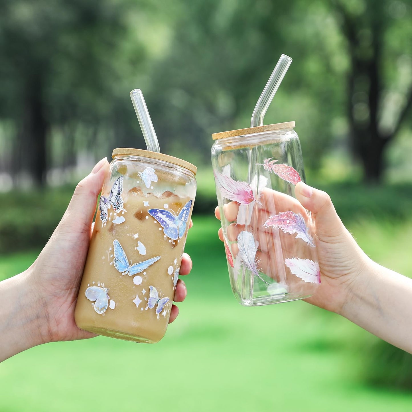 Drinking Glasses with Bamboo Lids and Glass Straw 4pcs Set - 16oz Glass Cups, Iced Coffee Glasses, Cute iced Tea Glasses, Beer Glasses, Ideal for Coffee Bar Accessories, Aesthetic Gift - 2 Brushes