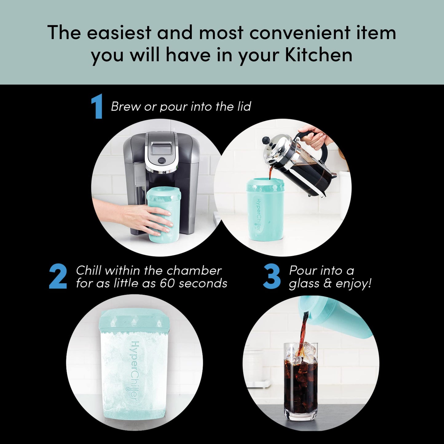 HyperChiller HC3 Patented Iced Coffee/Beverage Cooler, NEW, IMPROVED,STRONGER AND MORE DURABLE! Ready in One Minute, Reusable for Iced Tea, Wine, Spirits, Alcohol, Juice, 12.5 Oz, Black