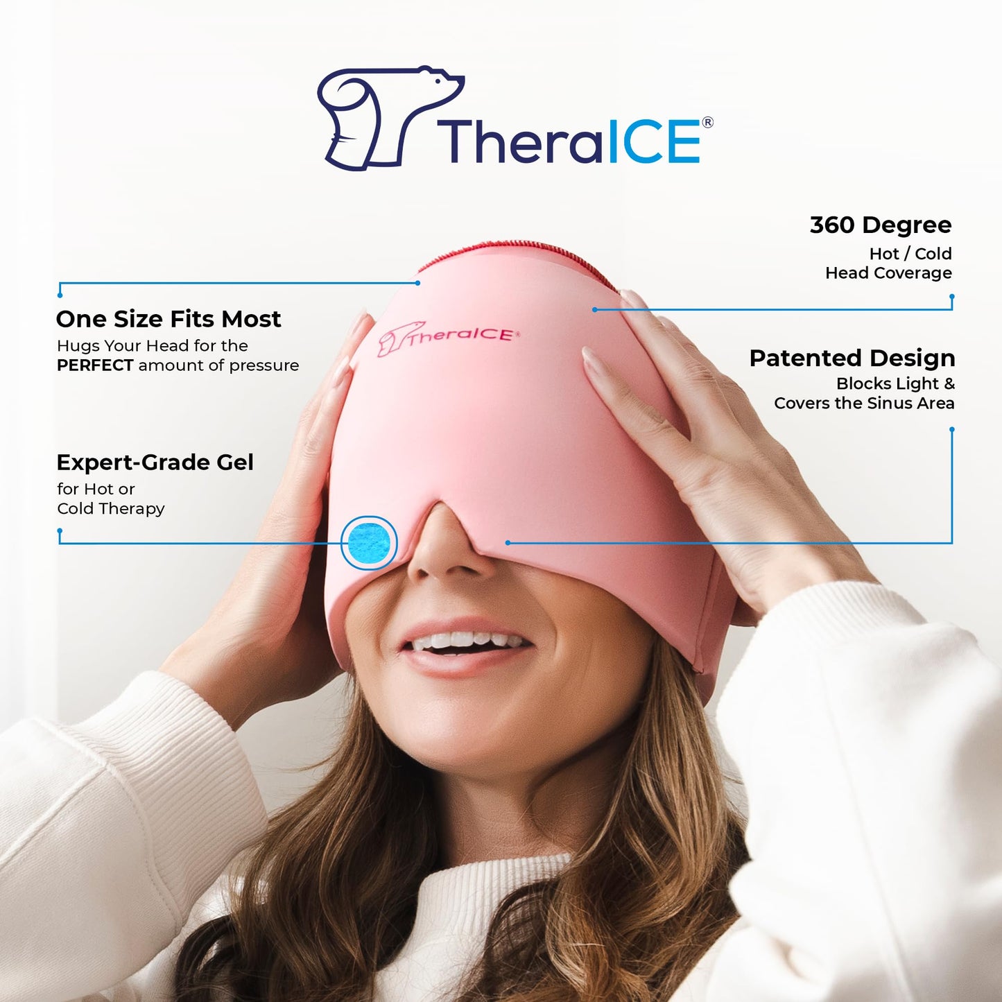 TheraICE Migraine Relief Cap, Soothing Headache Hat Ice Pack Mask, Face Cold Compress Cooling Gel Head Wrap Products for Tension, Stress & Hangover