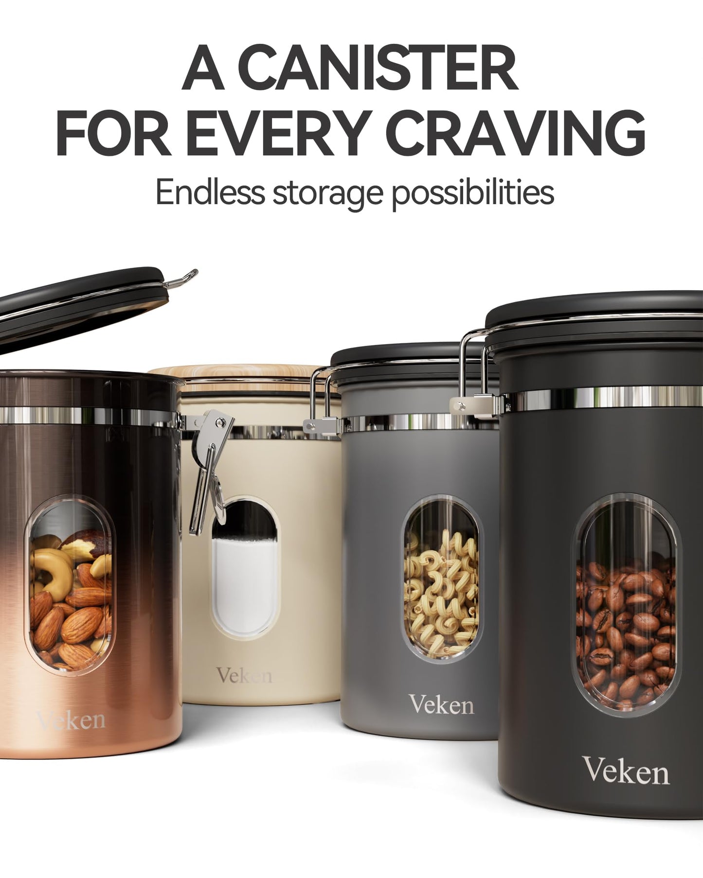 Veken Coffee Canister with Window, Airtight Stainless Steel Kitchen Food Storage Container, Date Tracker and Scoop for Grounds Coffee Bar Accessories, Beans, Tea, Flour, Cereal, Sugar, 22OZ, Black