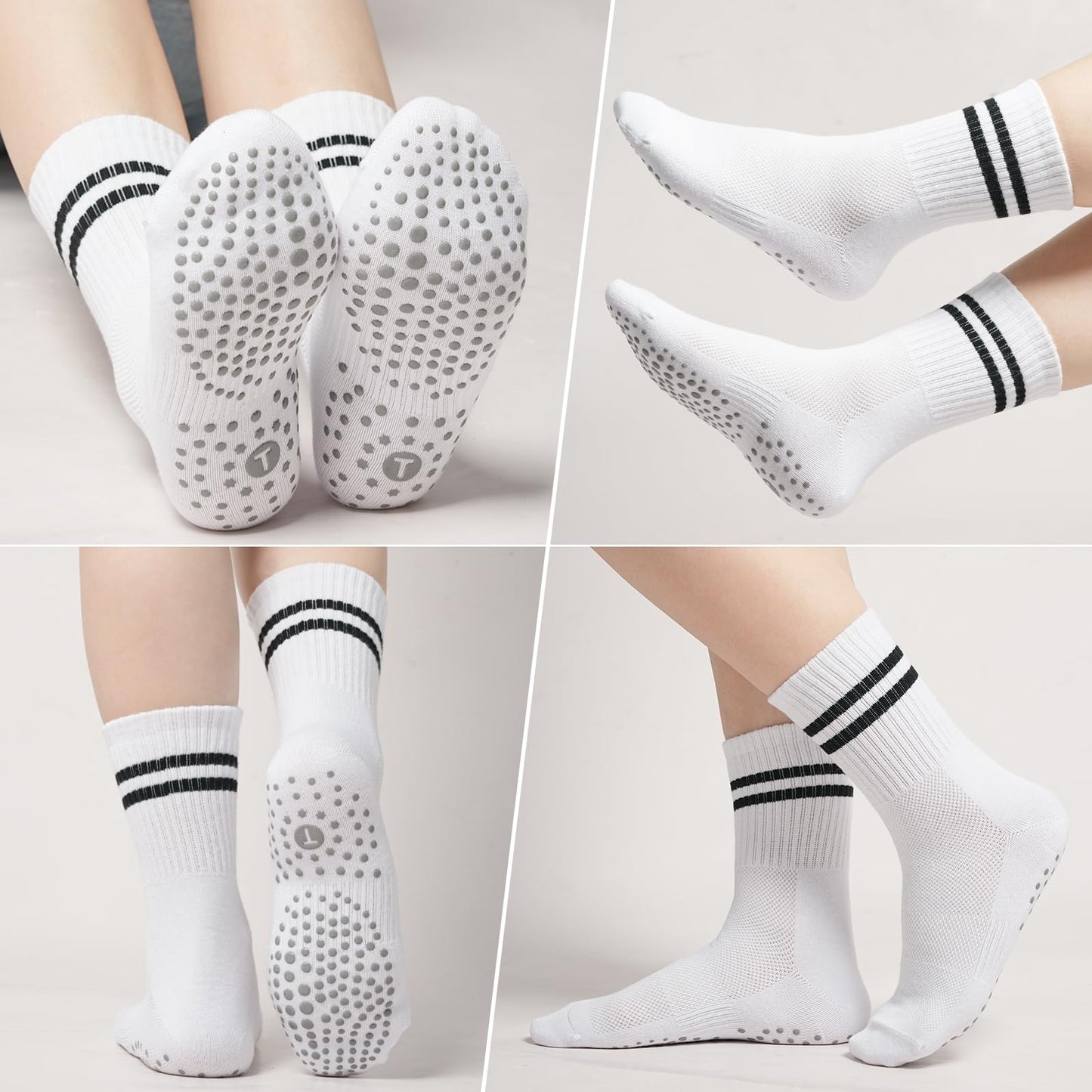 Toes Home Pilates Socks for Women with Non Slip Grippers, Yoga Crew Socks for Barre Hospital Sticky Slipper Socks 4 Pairs