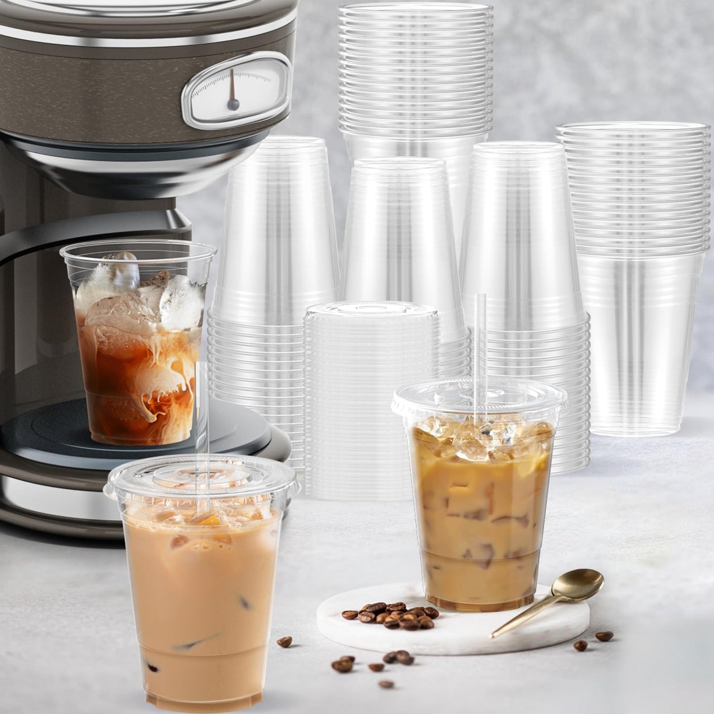 100 Pack - 16 oz Clear Plastic Cups with Lids and Straws, Sturdy & Food Safe Iced Coffee Cups with lids, Iced Coffee Cup, Disposable Cups Plastic Coffee Cups Smoothie Cups for Cold Drinks