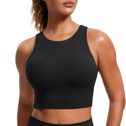 CRZ YOGA Butterluxe Racerback High Neck Longline Sports Bras for Women - Padded Workout Crop Tank Tops with Built in Bra