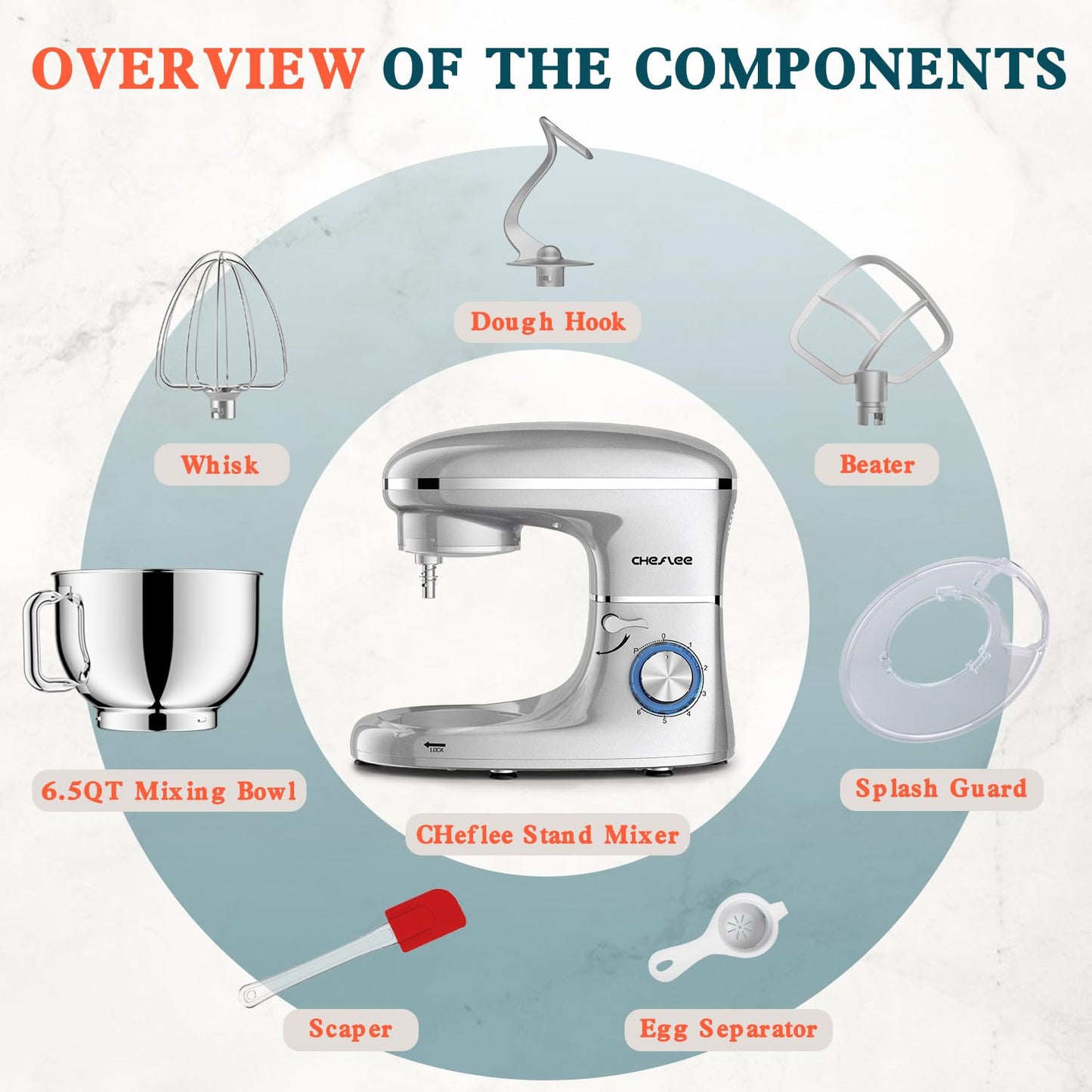 CHeflee Stand Mixer,600W 6+P With 6.5QT Stainless Steel Bowl,Dough Hook, Wire Whip & Beater,for Most Home Cooks,Blue