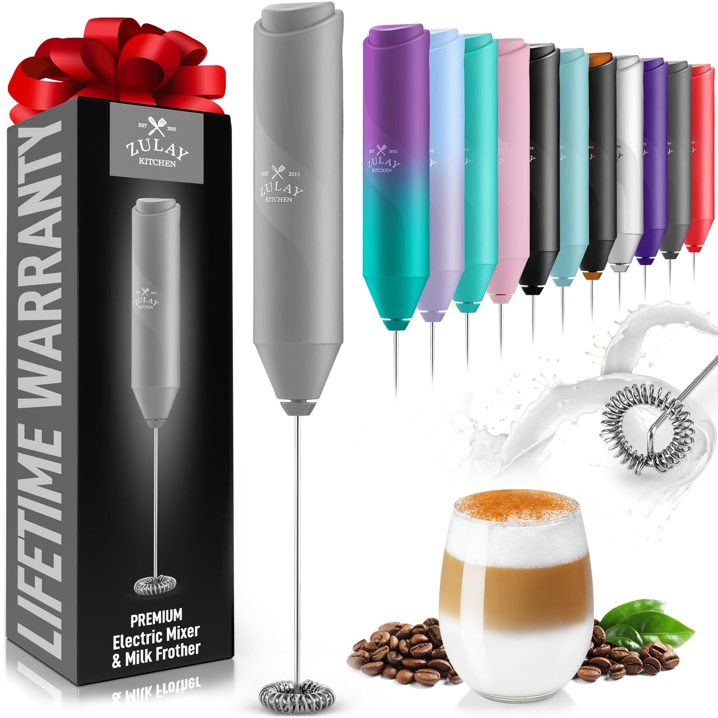 Zulay Kitchen Powerful Milk Frother Wand - Mini Milk Frother Handheld Stainless Steel - Battery Operated Drink Mixer for Coffee, Lattes, Cappuccino, Matcha - Froth Mate Milk Frother Gift - Black