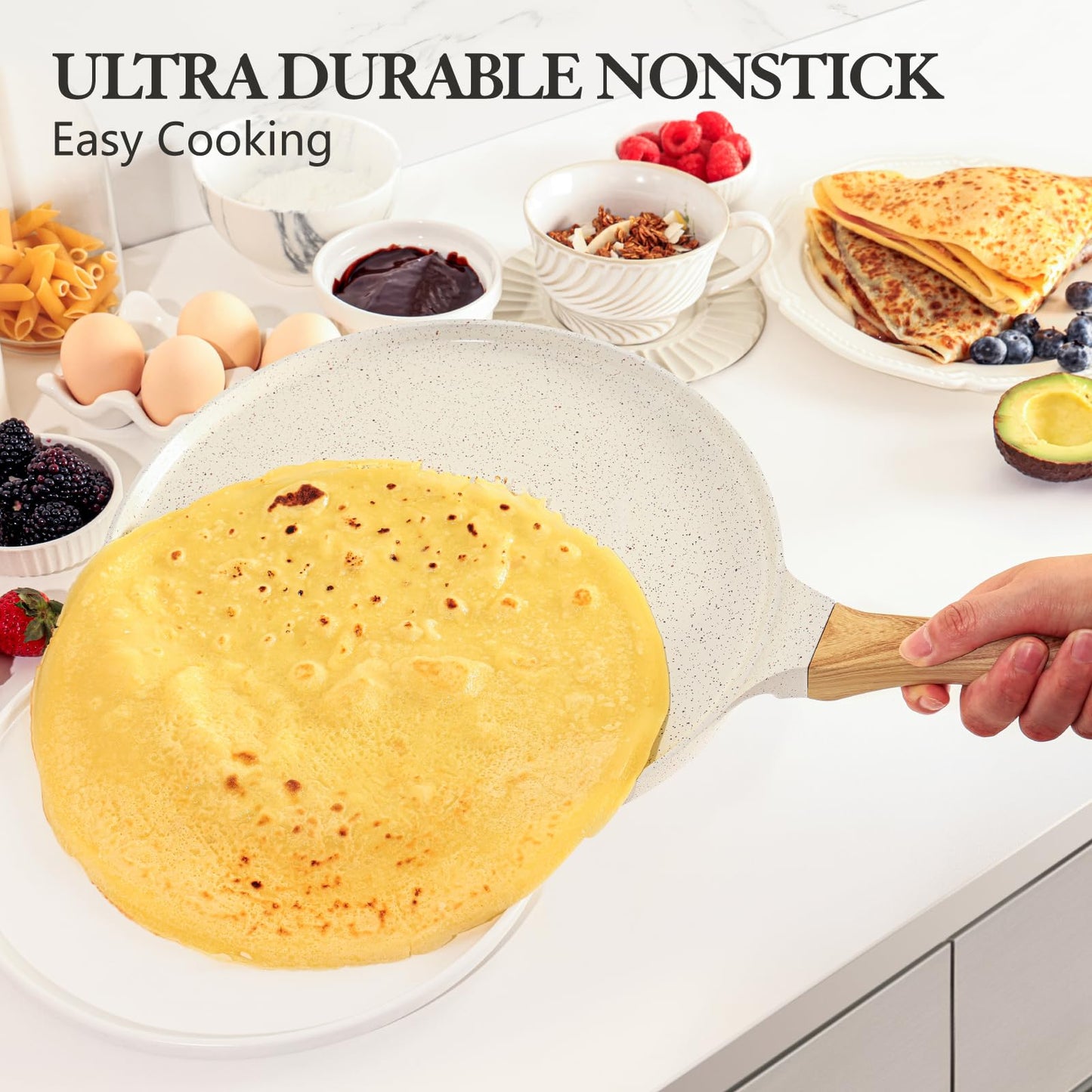 SENSARTE Nonstick Crepe Pan with Spreader, 10-Inch Natural Ceramic Coating Dosa Pan Pancake Flat Skillet Tawa Griddle with Stay-Cool Handle, Induction Compatible, PFOA Free (White)