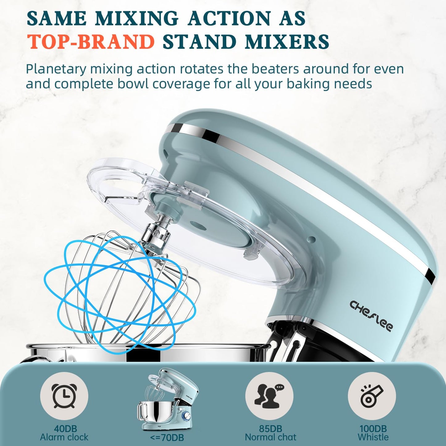 CHeflee Stand Mixer,600W 6+P With 6.5QT Stainless Steel Bowl,Dough Hook, Wire Whip & Beater,for Most Home Cooks,Blue