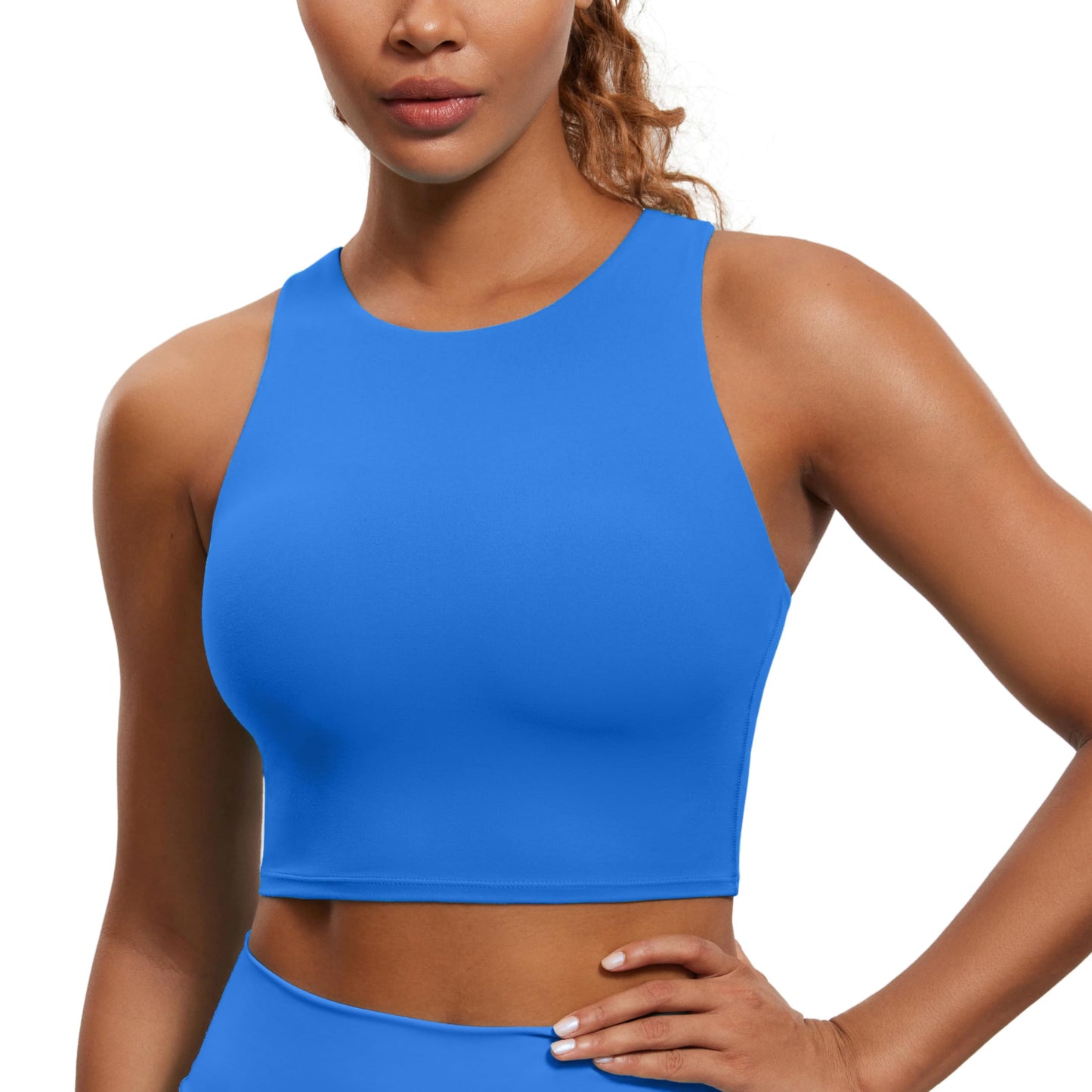 CRZ YOGA Butterluxe Racerback High Neck Longline Sports Bras for Women - Padded Workout Crop Tank Tops with Built in Bra