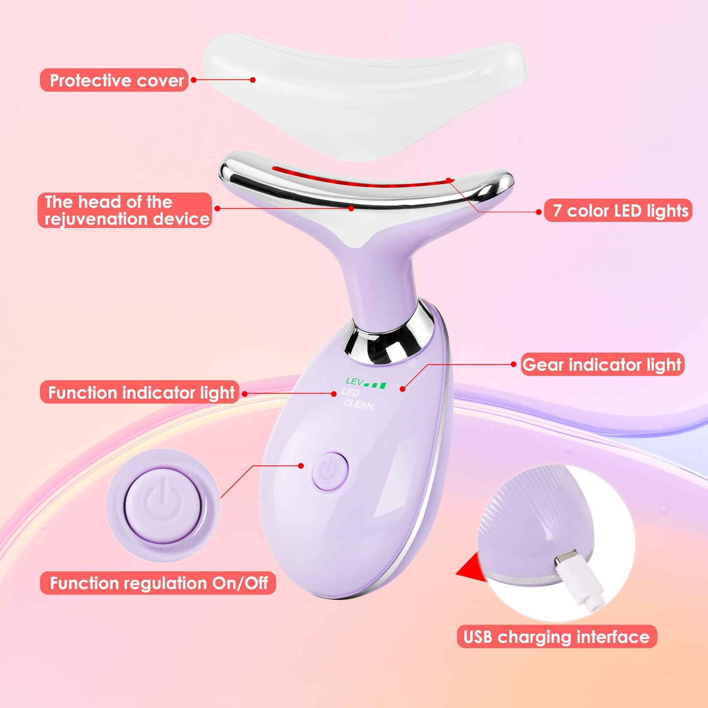 Facial Massager for Face and Neck, Red-Light-Therapy-for-Face and Neck, Face culpting Wand with 7 Color, at-Home Face Tool for Skin Care (Pink)