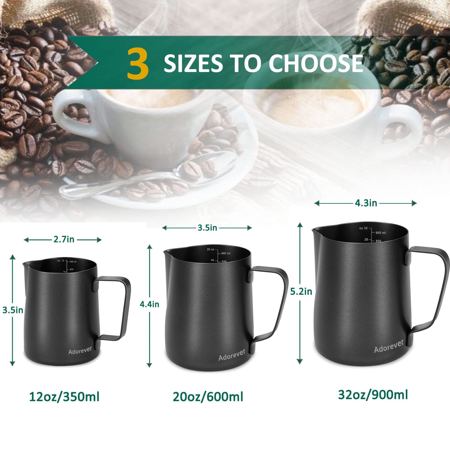 Milk Frothing Pitcher 350ml/600ml/900ml/1500ml (12oz/20oz/32oz/50oz) Steaming Pitchers Stainless Steel Milk/Coffee/Cappuccino/Latte Art Barista Steam Pitchers Milk Jug Cup with Art Pen,12oz