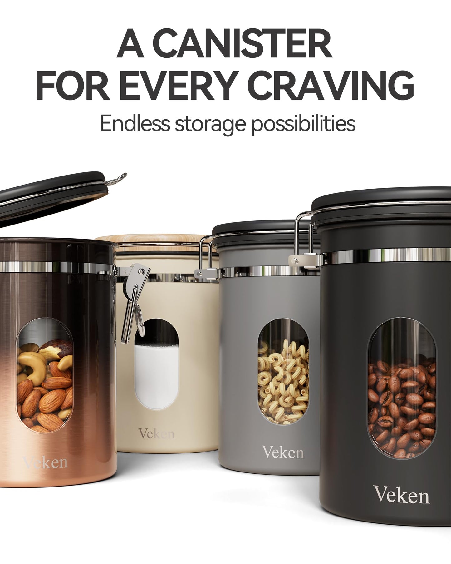 Veken Coffee Canister with Window, Airtight Stainless Steel Kitchen Food Storage Container, Date Tracker and Scoop for Grounds Coffee Bar Accessories, Beans, Tea, Flour, Cereal, Sugar, 22OZ, Black