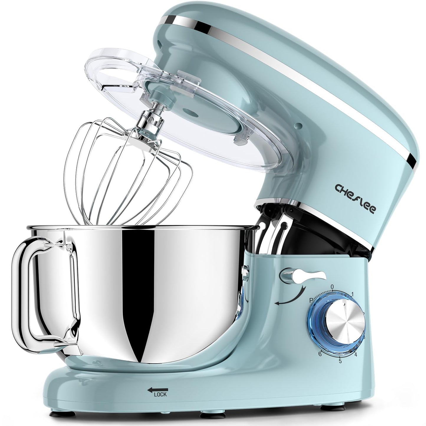 CHeflee Stand Mixer,600W 6+P With 6.5QT Stainless Steel Bowl,Dough Hook, Wire Whip & Beater,for Most Home Cooks,Blue