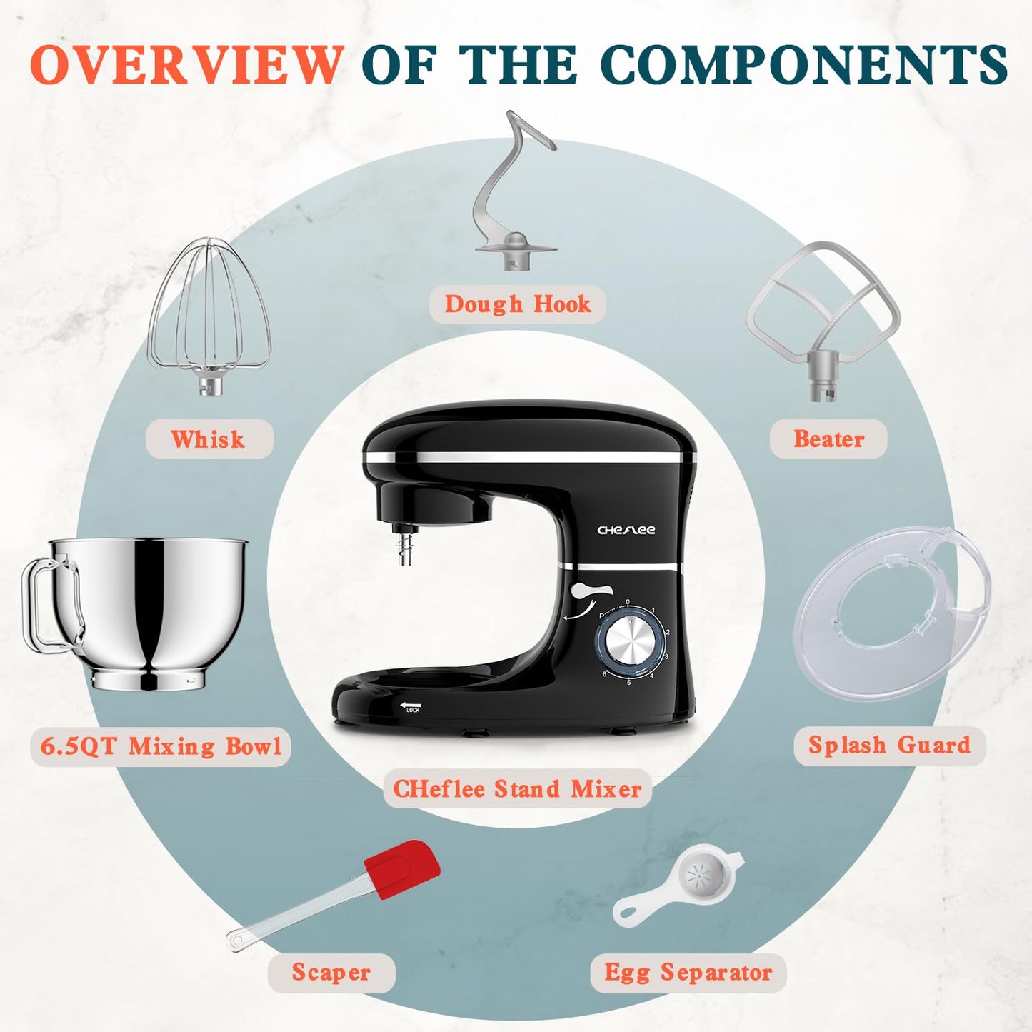 CHeflee Stand Mixer,600W 6+P With 6.5QT Stainless Steel Bowl,Dough Hook, Wire Whip & Beater,for Most Home Cooks,Blue