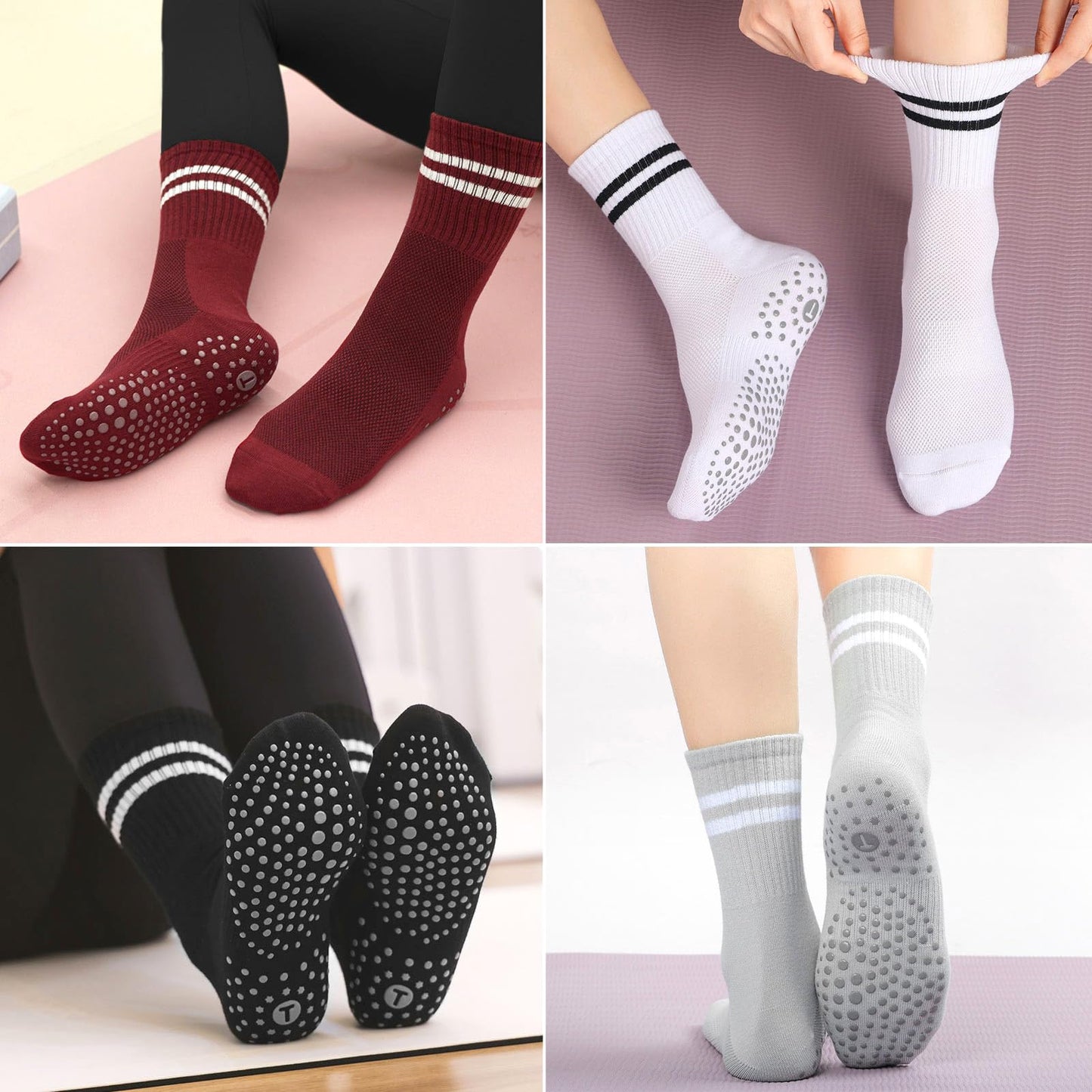 Toes Home Pilates Socks for Women with Non Slip Grippers, Yoga Crew Socks for Barre Hospital Sticky Slipper Socks 4 Pairs