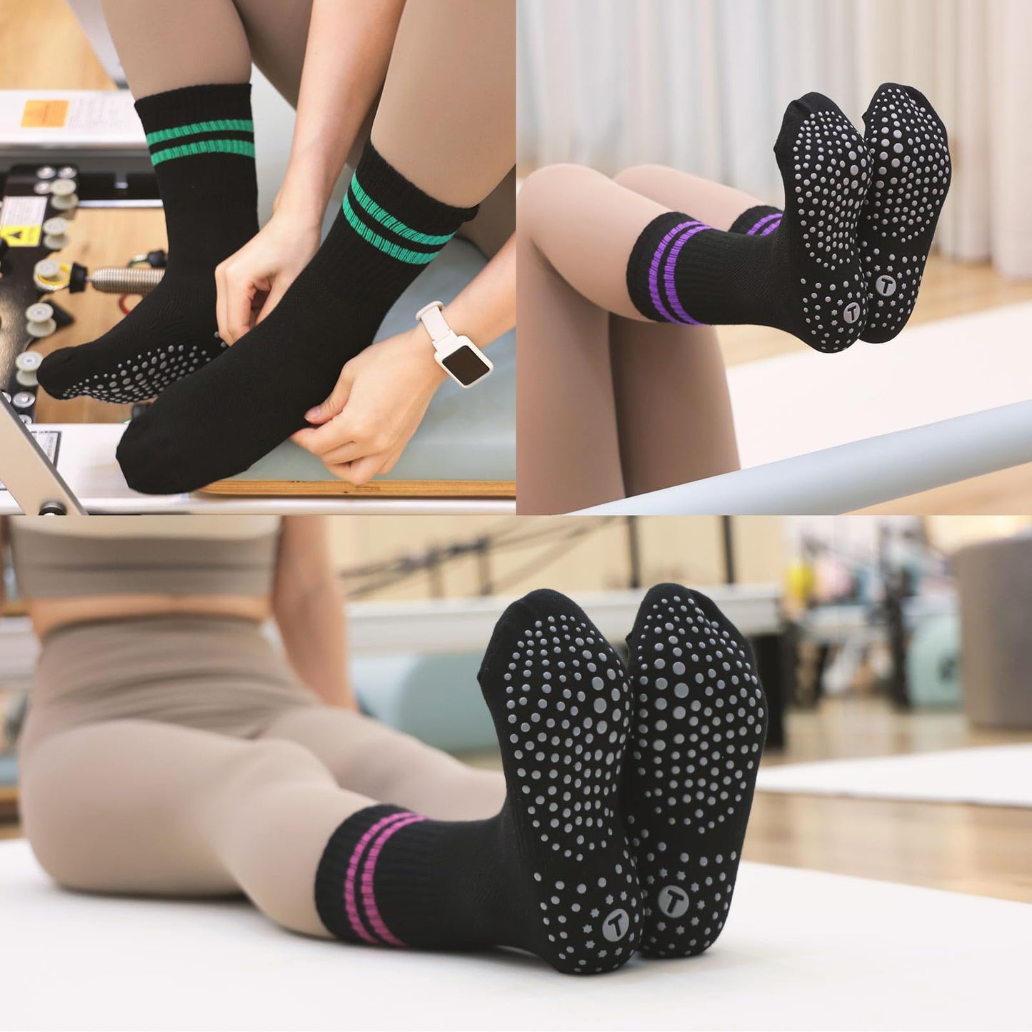 Toes Home Pilates Socks for Women with Non Slip Grippers, Yoga Crew Socks for Barre Hospital Sticky Slipper Socks 4 Pairs