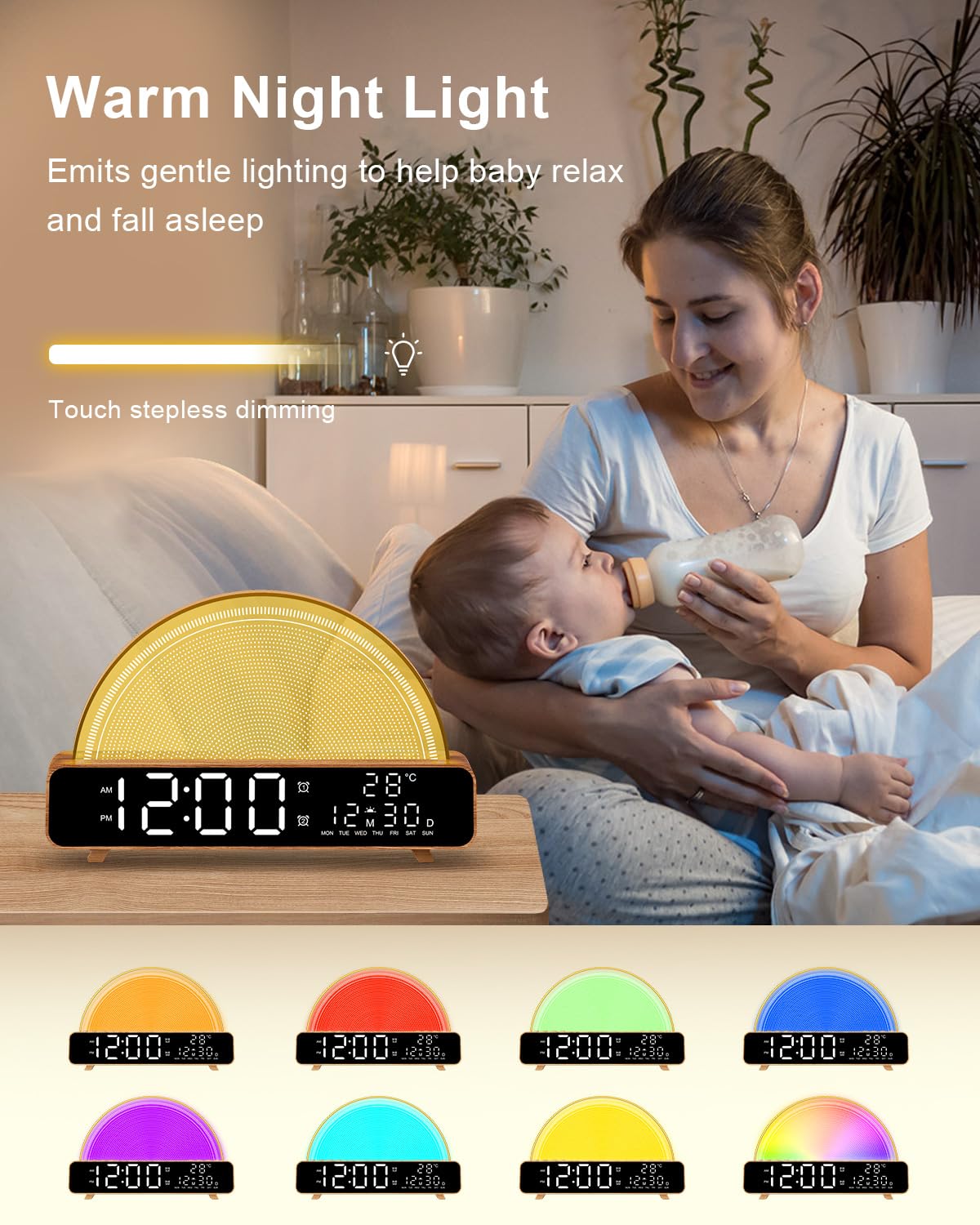 Sunrise Alarm Clock Wake Up Light with Sunrise Simulation White Noise Machine Touch Control Bedside Lamps Colors Atmosphere Lamp 30/60/90 Sleep Timer 13 Nature Sounds