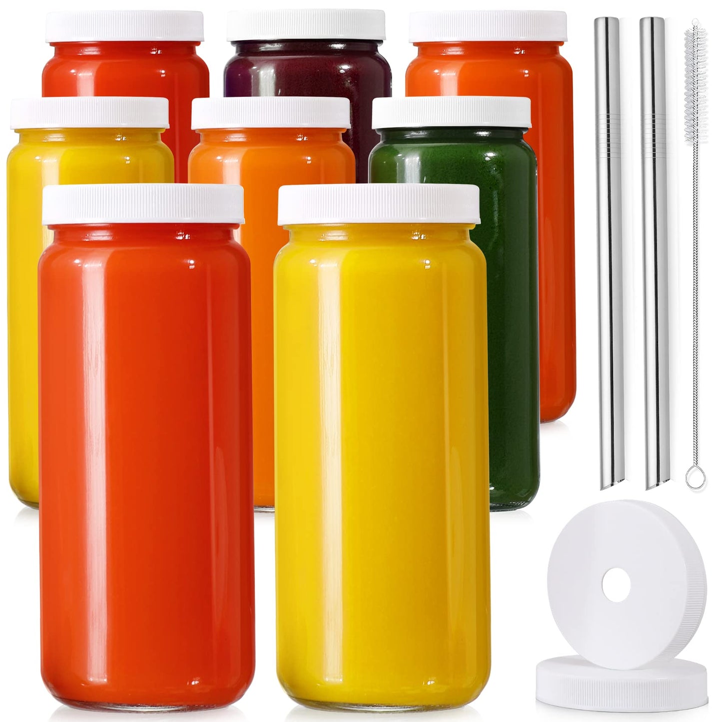 [ 8 Pack ] Glass Juicing Bottles with 2 Straws & 2 Lids w Hole- 16 OZ Travel Drinking Jars, Water Cups with Black Airtight Lids, Reusable Tall Mason Jar for Juice, Bubble Tea, Smoothie, Tea, Kombucha