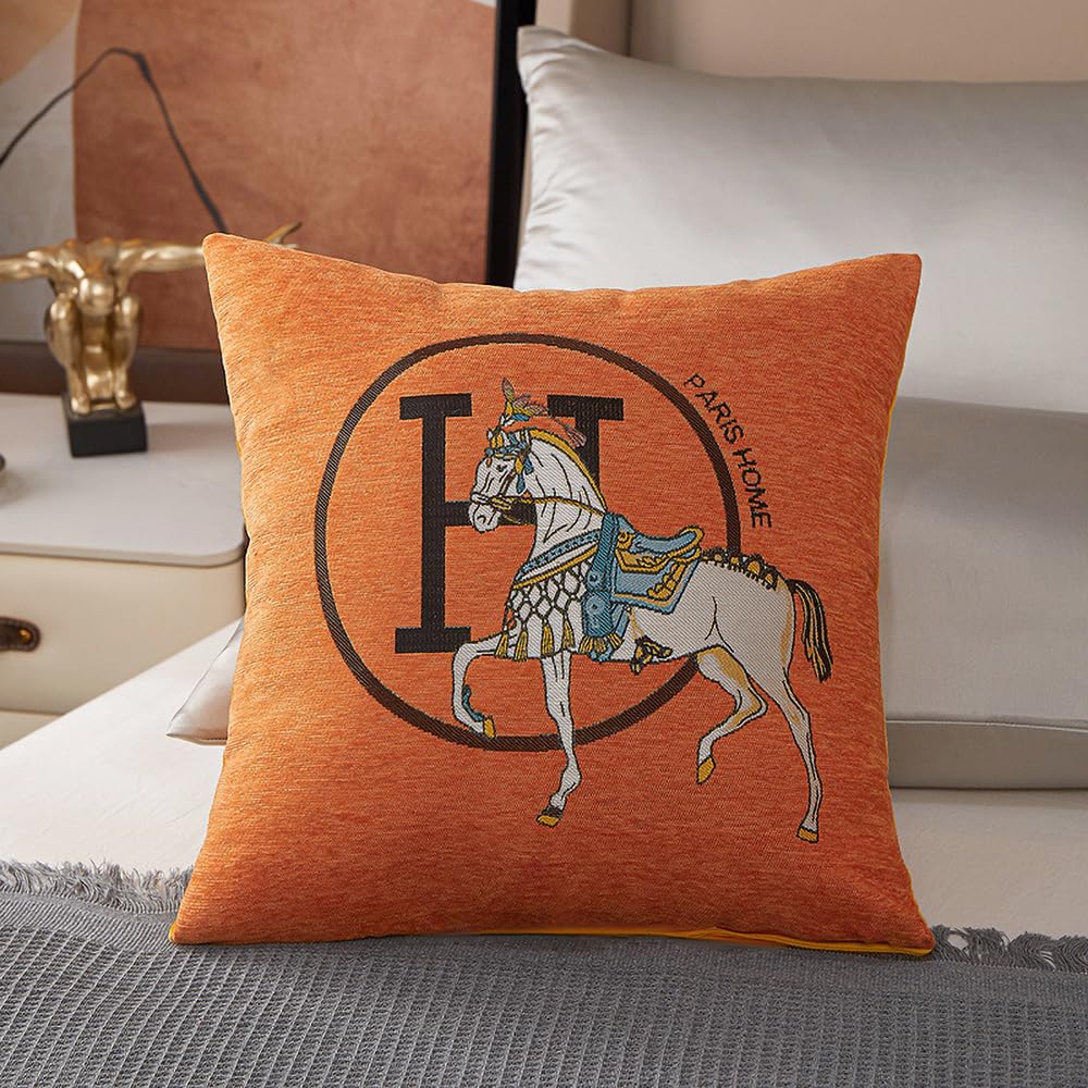 Croker Horse 18x18'' inches Throw Pillow Cushion Covers Set Pack of 2 Pcs - Luxury Horse Embroidery Modern Style Couch Sofa Pillow Cover for Living Room Bedroom (Orange)