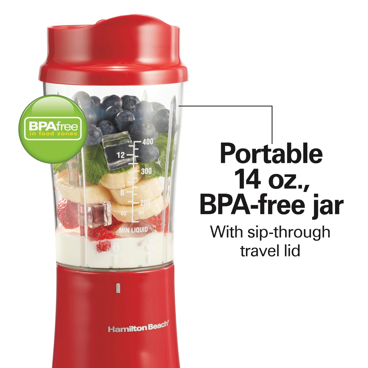 Hamilton Beach Portable Blender for Shakes and Smoothies with 14 Oz BPA Free Travel Cup and Lid, Durable Stainless Steel Blades for Powerful Blending Performance, Coral (51171)