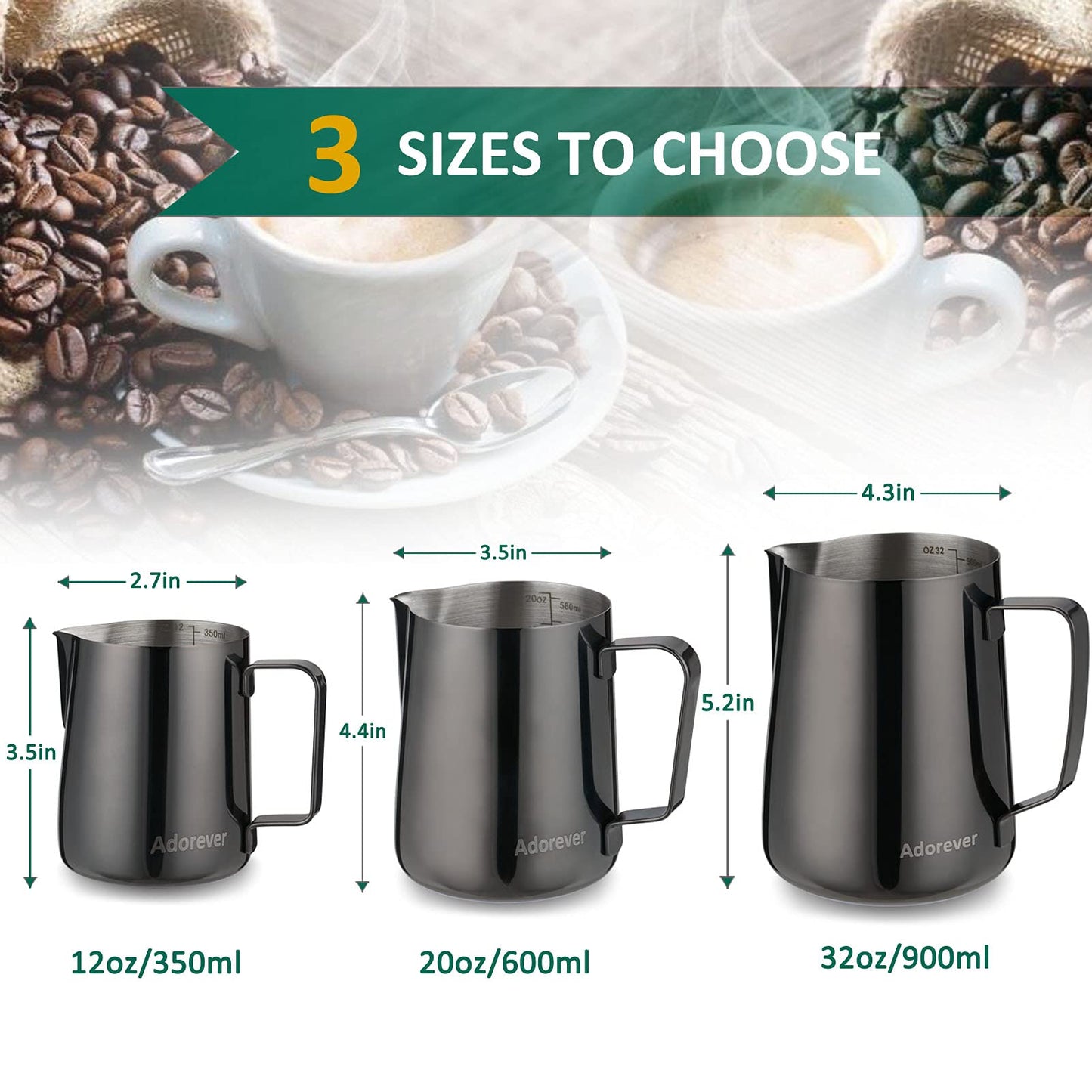 Milk Frothing Pitcher 350ml/600ml/900ml/1500ml (12oz/20oz/32oz/50oz) Steaming Pitchers Stainless Steel Milk/Coffee/Cappuccino/Latte Art Barista Steam Pitchers Milk Jug Cup with Art Pen,12oz