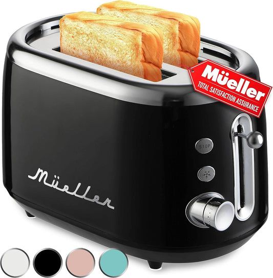 MÜELLERHOME Retro Toaster 2 Slice, 7 Browning Levels, 3 Functions (Reheat, Defrost, Cancel), Removable Crumb Tray, Under Base Cord Storage, Black