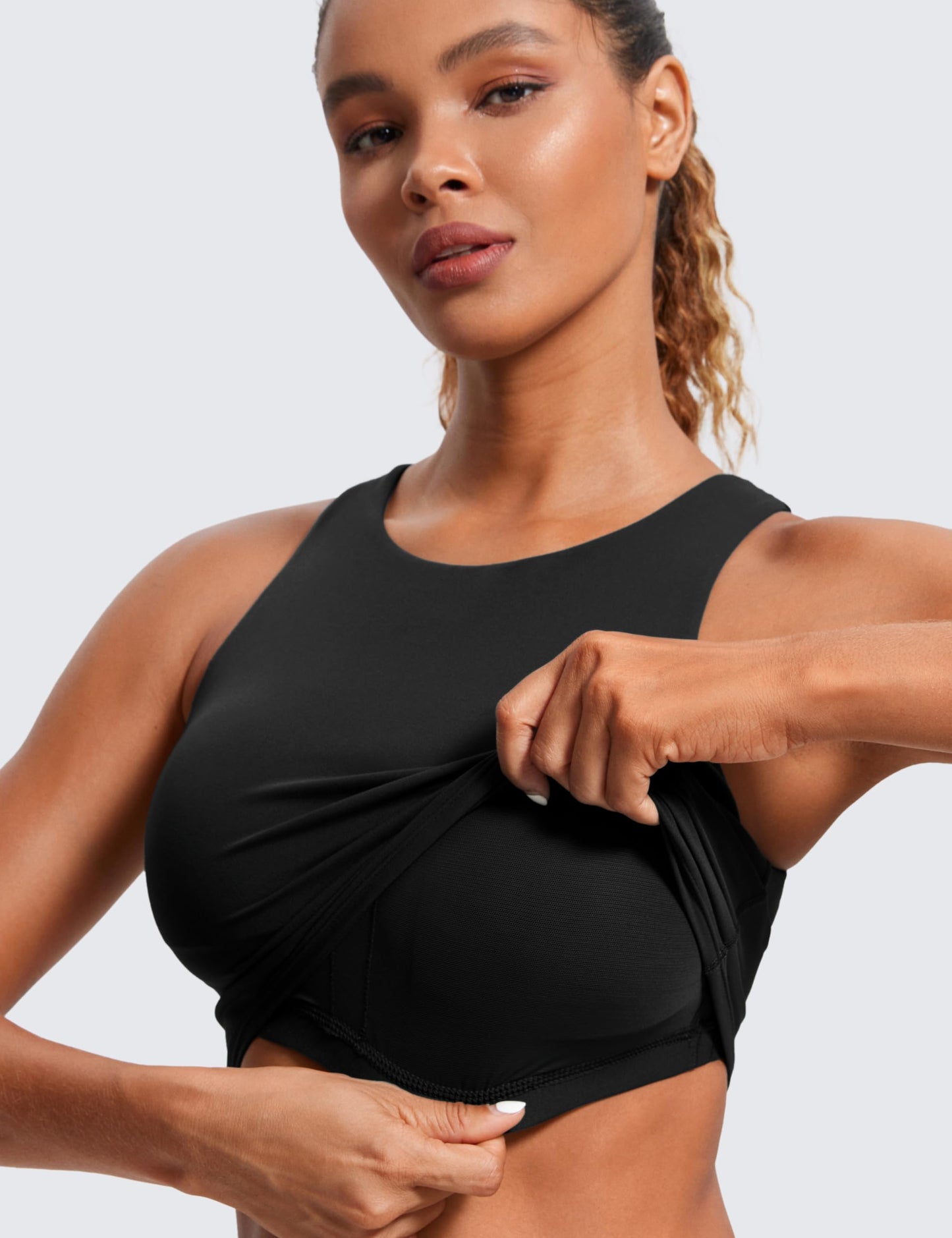 CRZ YOGA Butterluxe Racerback High Neck Longline Sports Bras for Women - Padded Workout Crop Tank Tops with Built in Bra