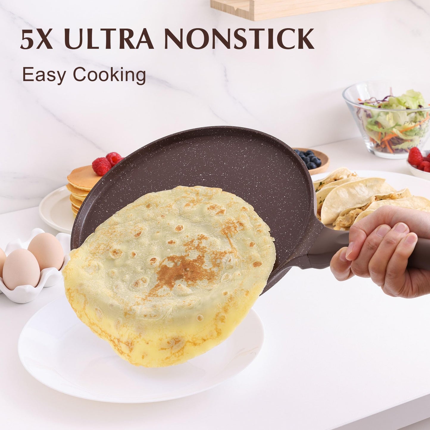 SENSARTE Nonstick Crepe Pan with Spreader, 10-Inch Natural Ceramic Coating Dosa Pan Pancake Flat Skillet Tawa Griddle with Stay-Cool Handle, Induction Compatible, PFOA Free (White)